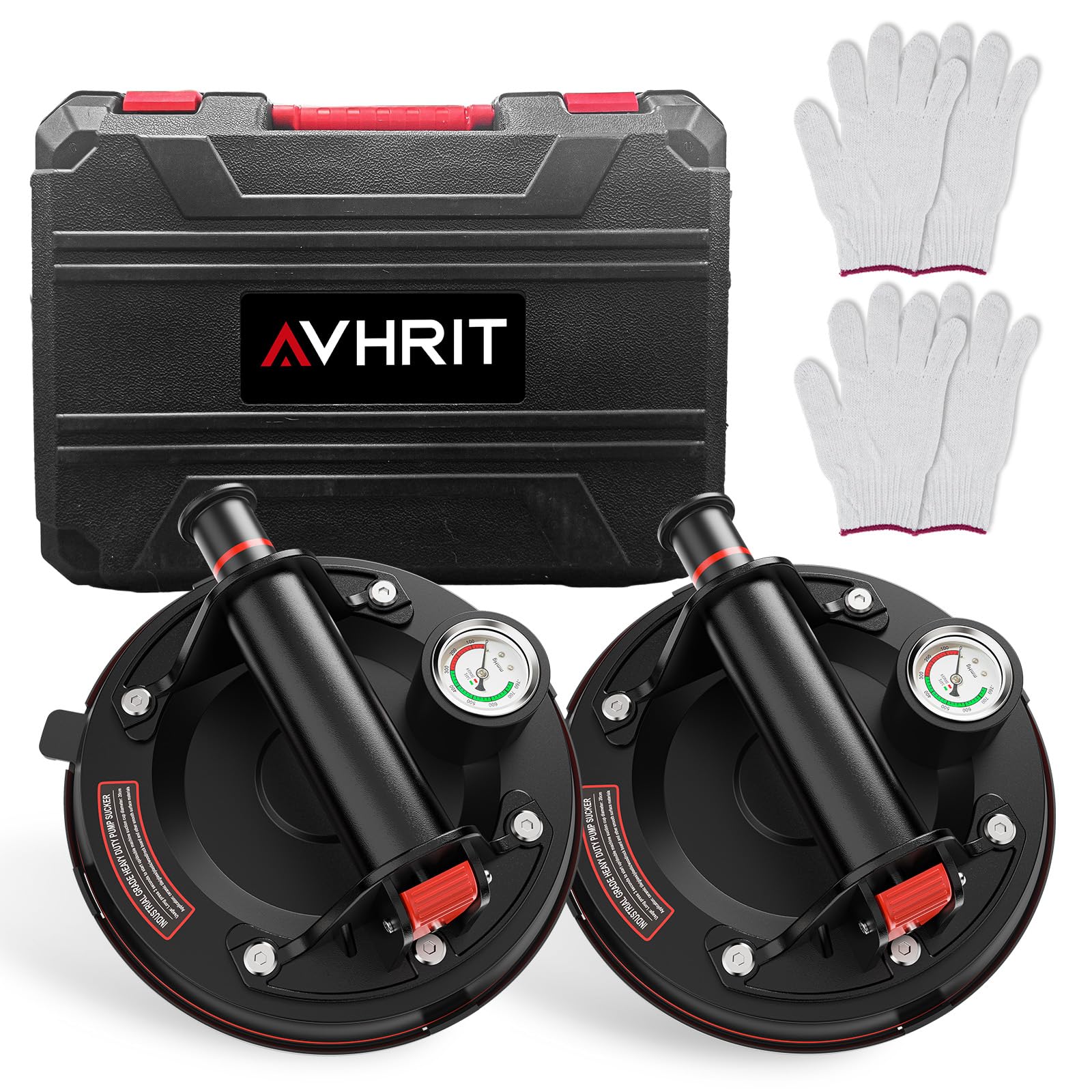 Avhrit Glass Suction Cups, 8-Inch Glass Suckers Lifters with Pressure Gauge, 485LBS Load Capacity, Heavy Duty Vacuum Tile Suction Lifter for Granite/Tile/Window/Floor