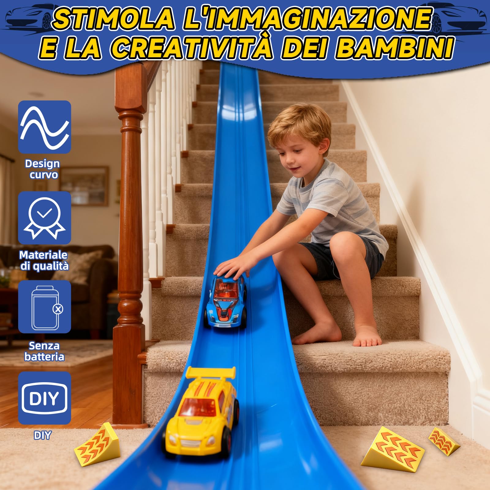 Charmofun Pista Macchinine Flessibile 5M, Giocattolo Piste da Corsa con 4 Auto, Borsa con 4 auto, 2 lanciatori, 8 rampe triangolari e 8 ventose, Portatile Pista per Bambini 3+ Anni (Blu)