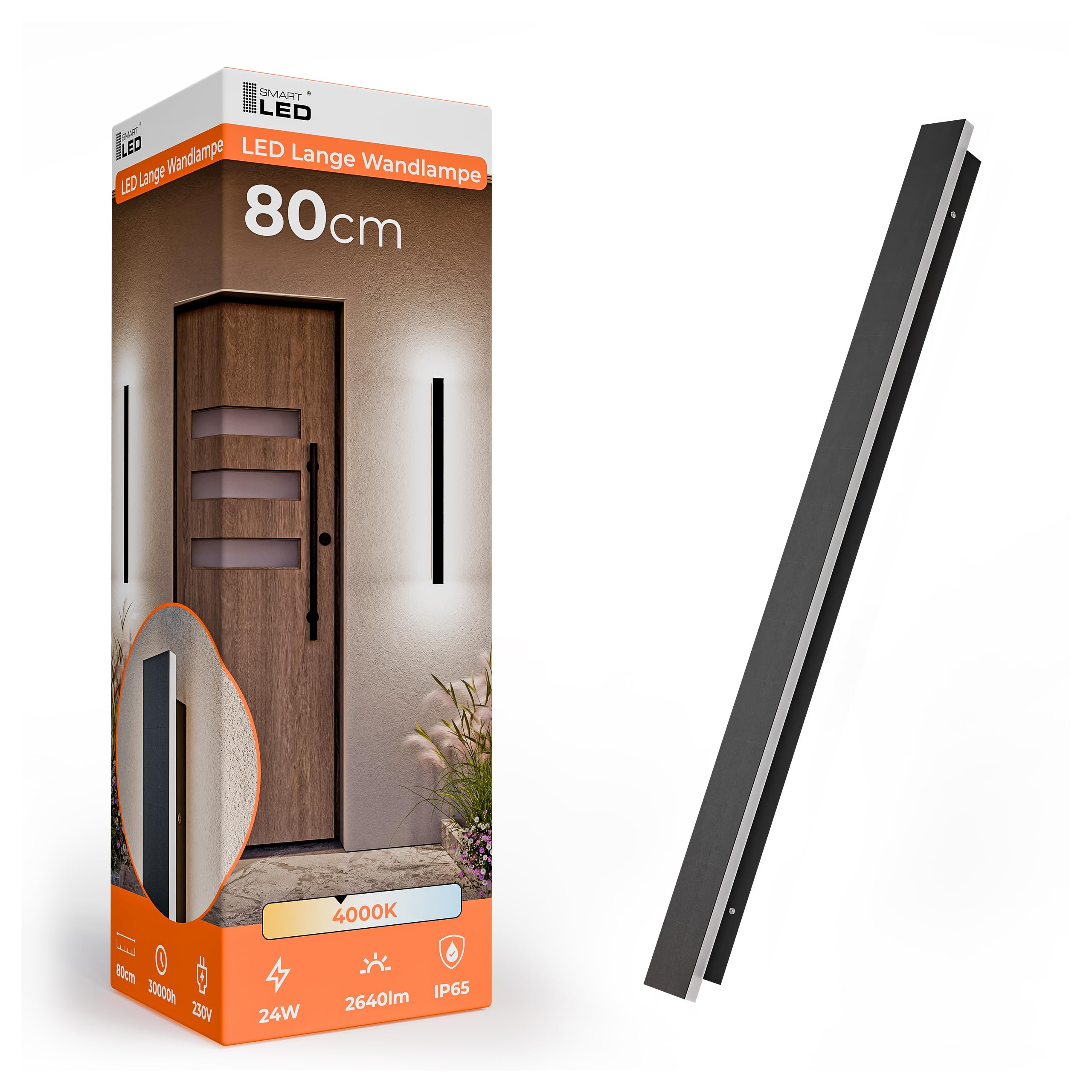 SmartLED Wandleuchte Schwarz Wasserdicht IP65 Metall-Polycarbonat-PC Außen LED für Gärten, Terrassen, Schlafzimmer, Wohnzimmer Innen, 80cm/25w, Neutrales Licht, 1820 LM (Länge 80 cm)