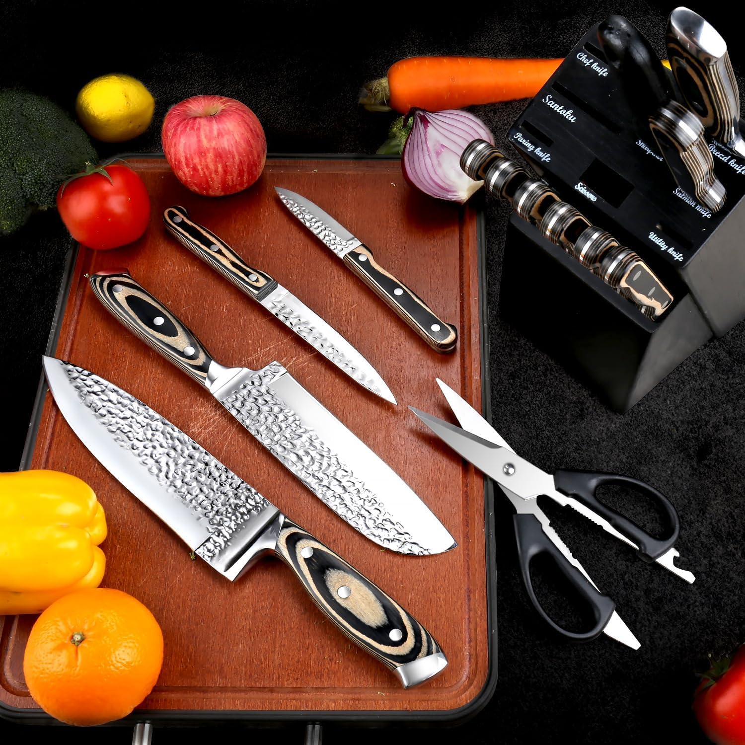 Messerblock mit Messer 15-teilig, Rostfreier Spezialstahl Ultra Scharf, Profi Allzweck Küchen Messerset mit Steakmesser, Brotmesser, Küchenschere & Messerschärfer, Naturholzfarben Holz Griff
