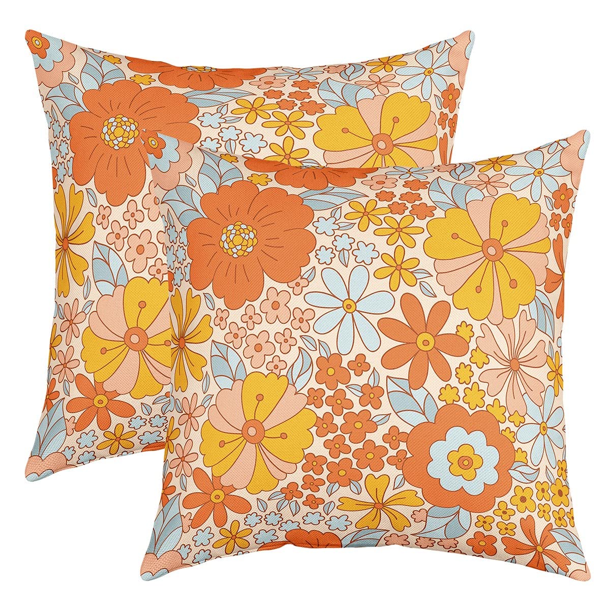 Homemissing Retro Hippie Flower Throw Pillow Cover Set of 2 18"x18" Soft 60S 70S Groovy Pillow Cases Cushion Cover for Living Room Yellow Flower Decorative Throw Pillowcases for Sofa Chair