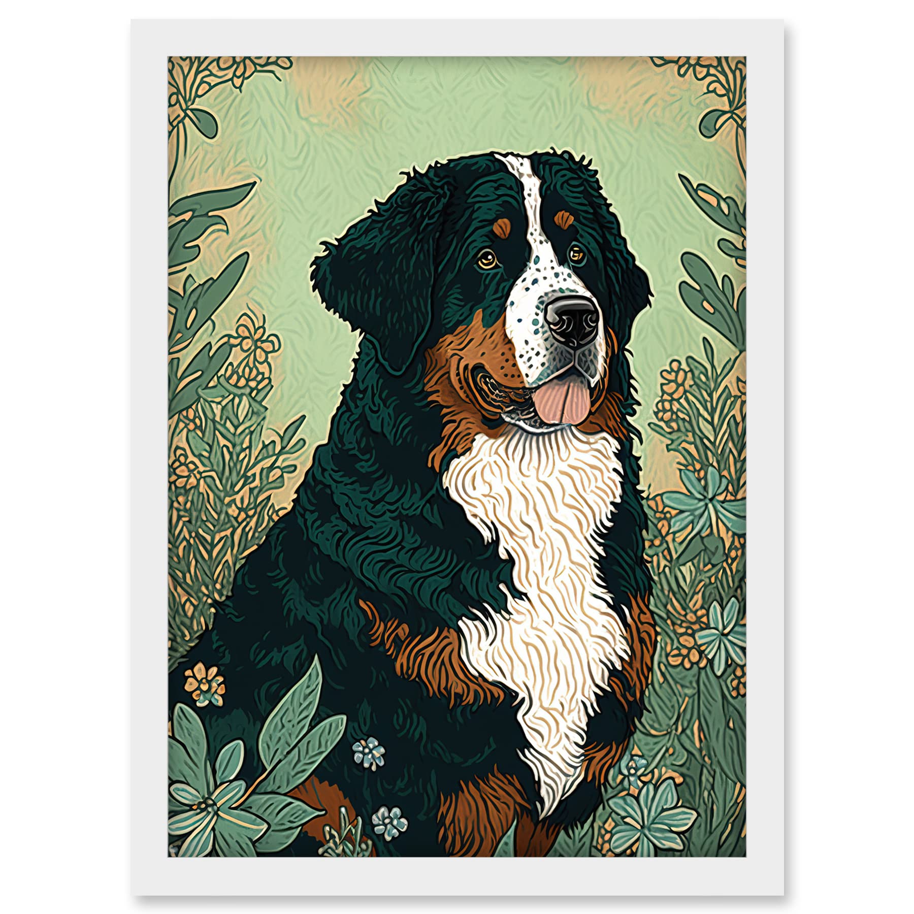 Artery8 Bernese Mountain Dog in Wildflower Field Modern Illustration Artwork Framed A3 Wall Art Print