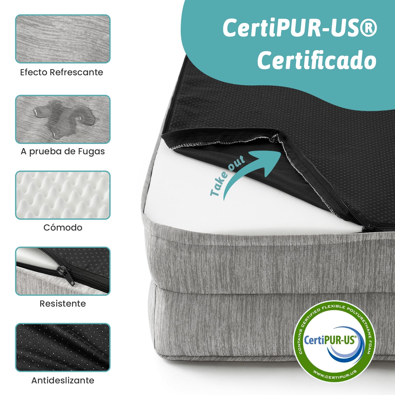 COZY KISS Cama Refrigerante Ortopédica para Perros Talla XL 107x76x18 cm - Sofá Ergonomico para Perros con Funda Desenfundable y Lavable & Espuma de Alvéolos, Impermeable, Gris Plateado, XL