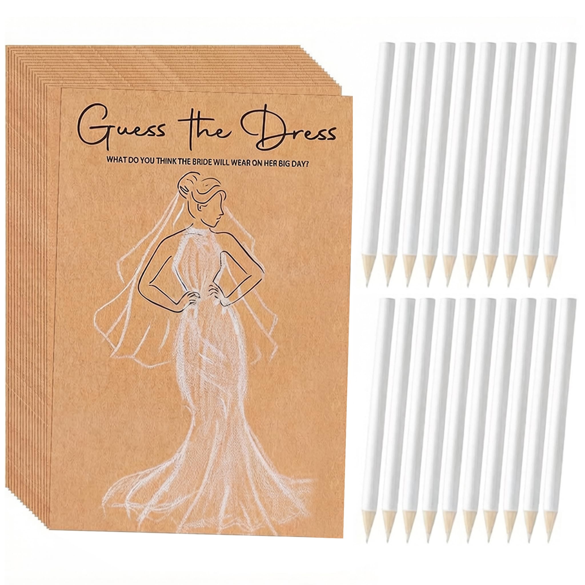 Bridal Shower Games, 20 Pcs Guess The Dress Bridal Shower Game Cards with 7-inch Pencils - Brown Paper, White.
