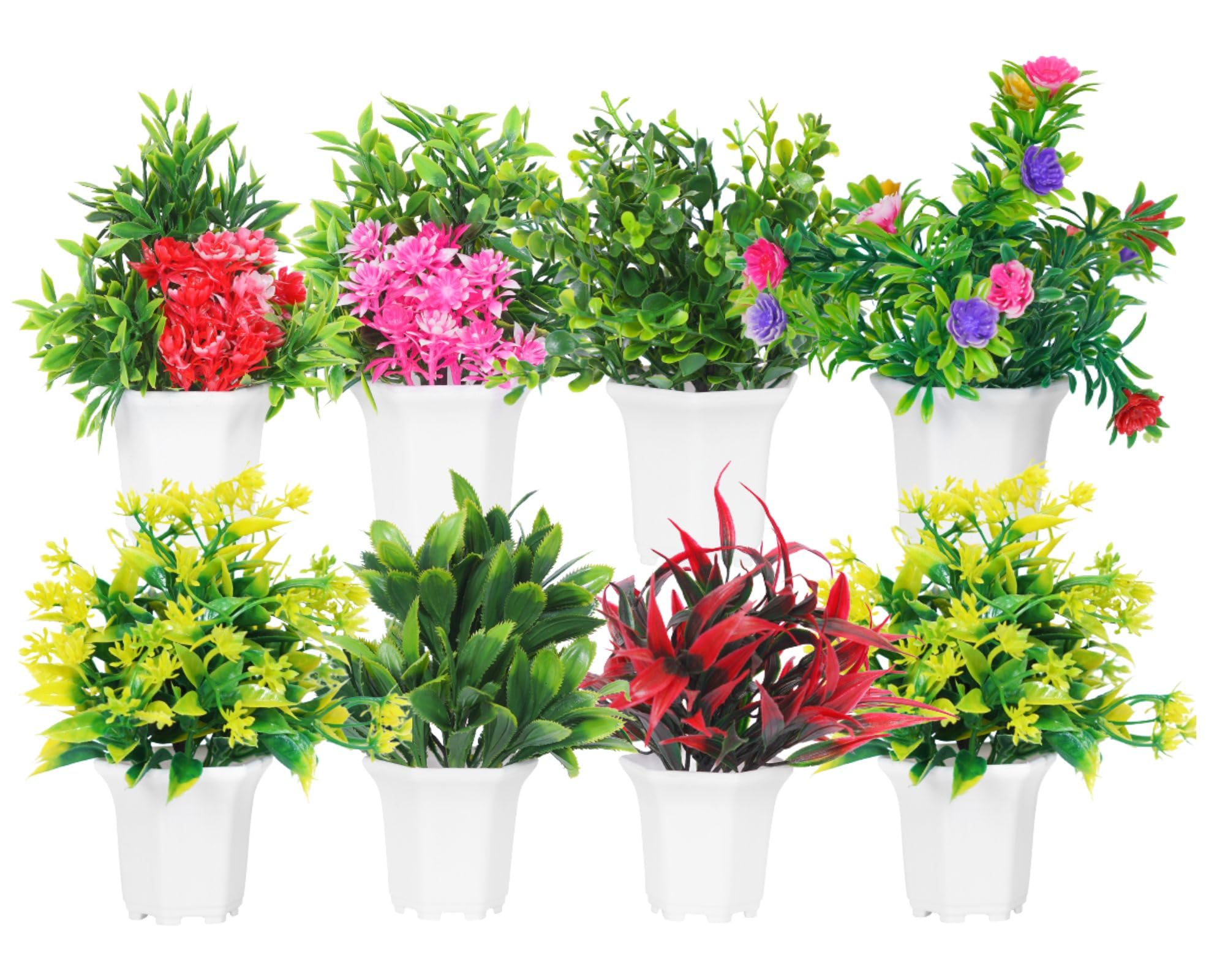 DekorlyWild Artificial Flower Plants with Cute Hexa Pot | Faux Flower Plant for Home Office Decor | Tabletop and Desk Decoration | Artificial Flower for Balcony Indoor Decor | Pack of 8 (Multi-D)