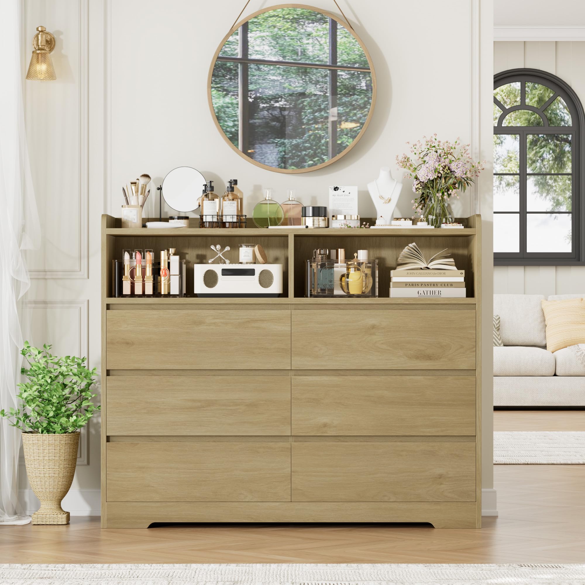 FOREHILL Comodas y Cajoneras Dormitorio Roble Anch. 120 cm Cajonera Armario Interior Comoda 6 Cajones 2 Compartimentos Abiertos para Salón Dormitorio Pasillo 120x40x100 cm