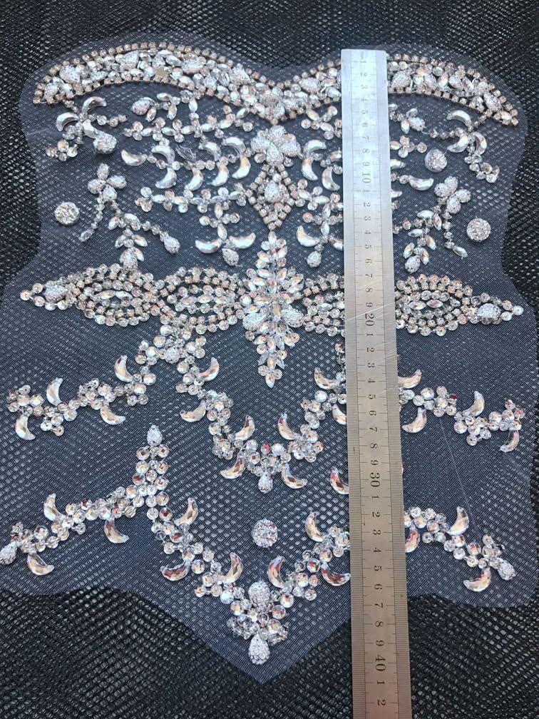 Handmade Silver Crystal Patches sew on Rhinestones Applique on mesh with Stones Sequins Beads 40x32cm