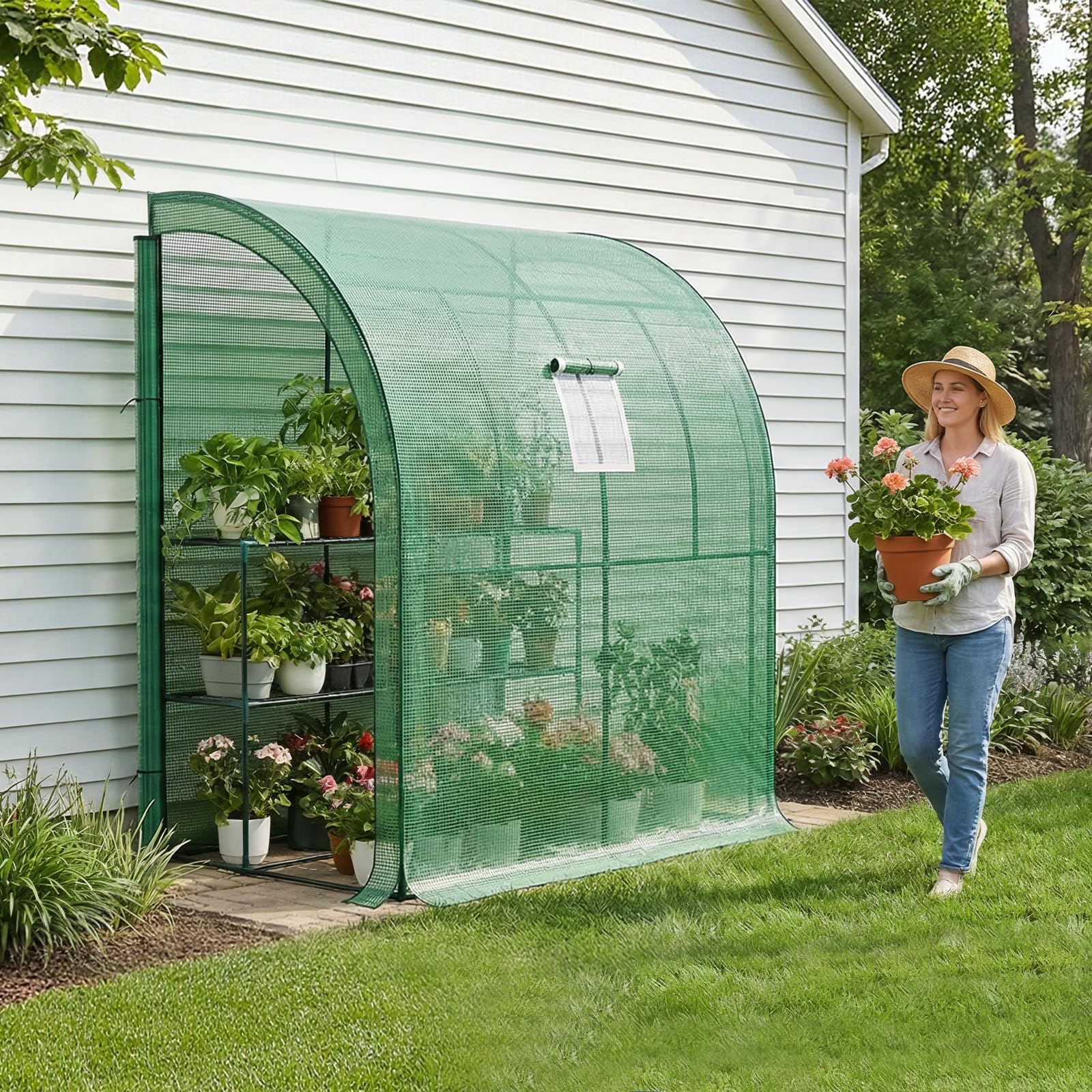 LARMNEE Serre Adossée, Serre à Tomates, avec Bâche PE à Fermeture à Glissière sur Les Côtés, 200 x 100 x 210 cm, Cadre Métallique, pour Fleurs, Légumes, Balcon, Plantes, Terrasse, Vert EGN72GH02