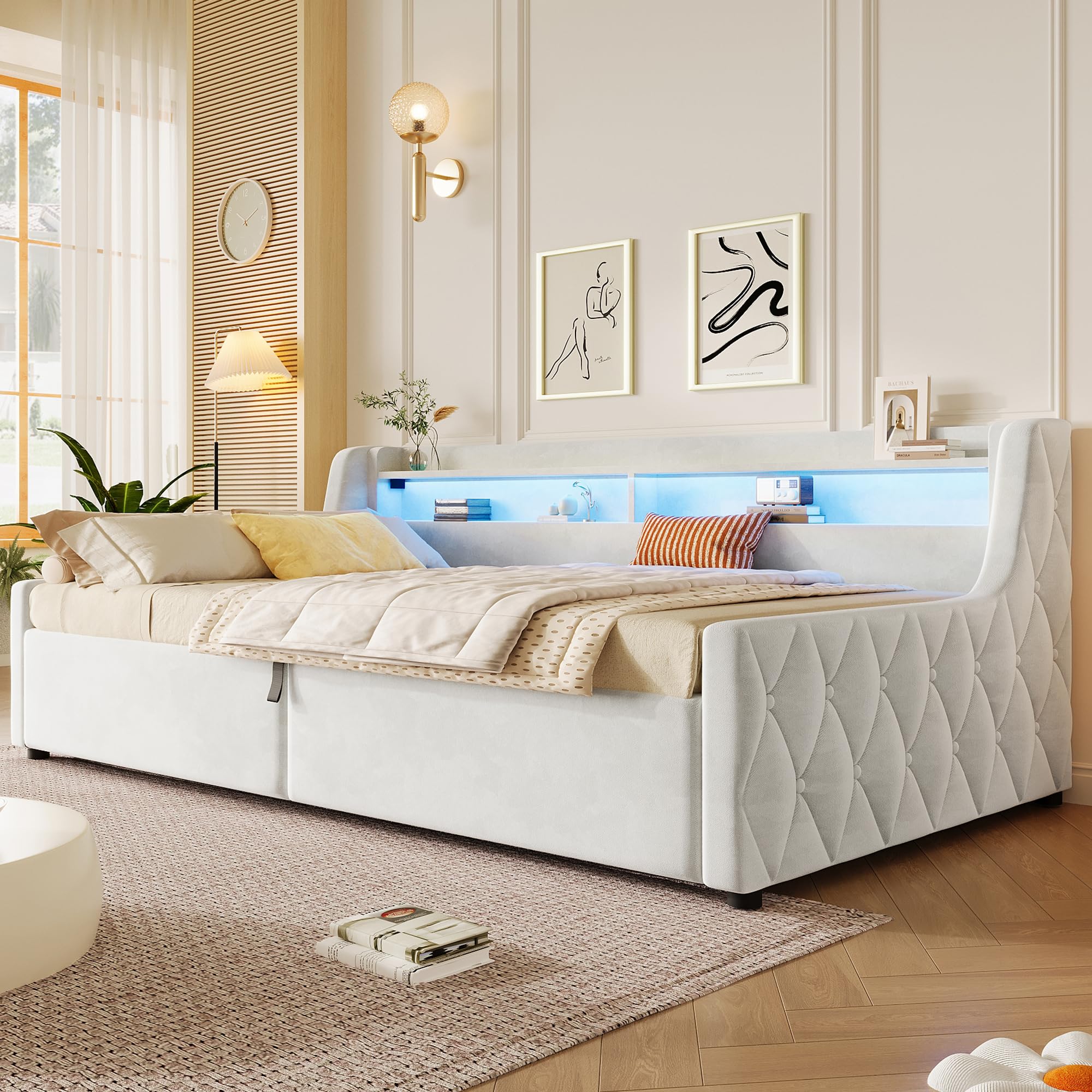 Letto a piattaforma in velluto, 90 x 200 cm, con contenitore idraulico, beige, crema