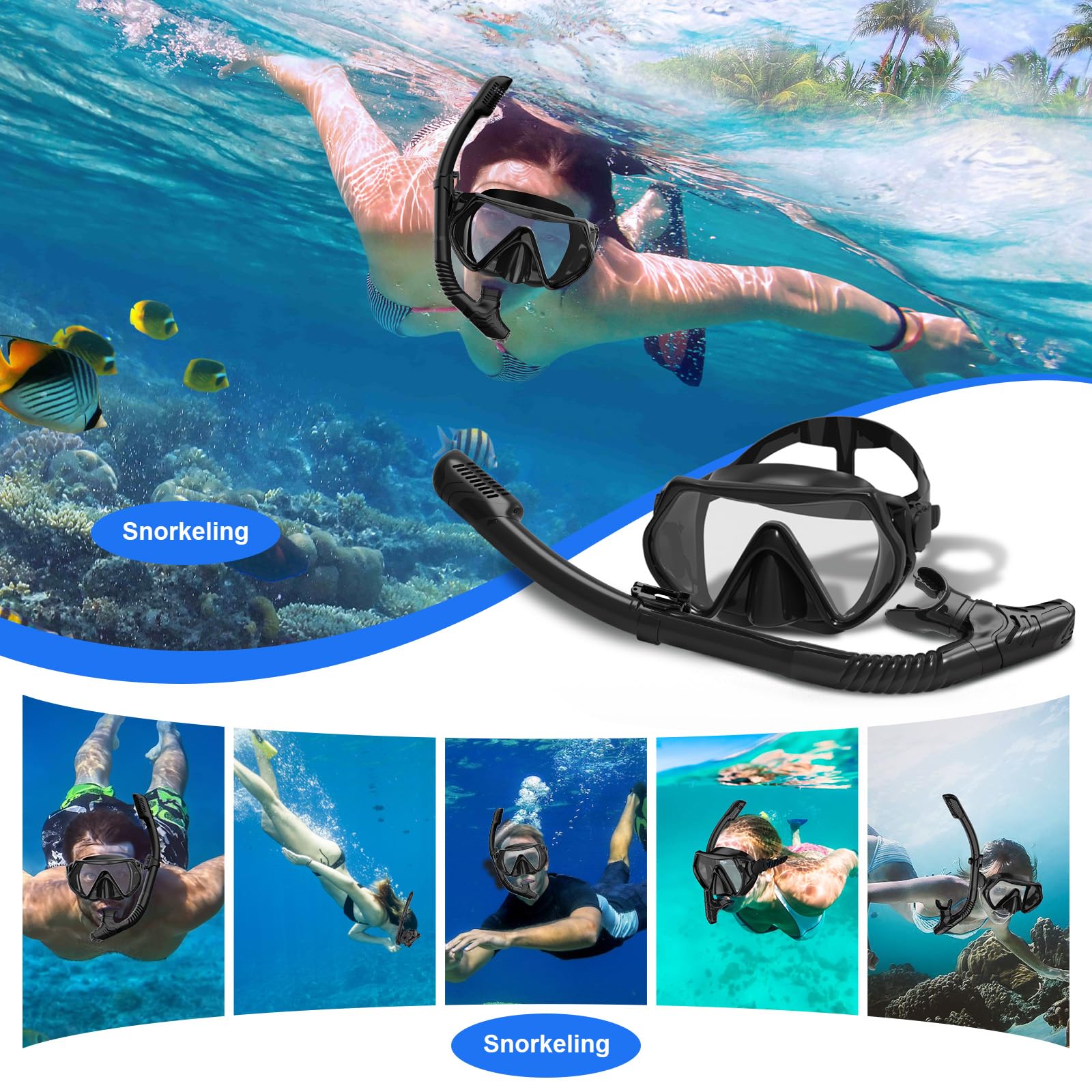 Juego de esnórquel seco para hombres y mujeres, máscara de buceo antivaho panorámica de 180°, equipo de esnórquel profesional para respirar libremente, visión amplia clara bajo el agua