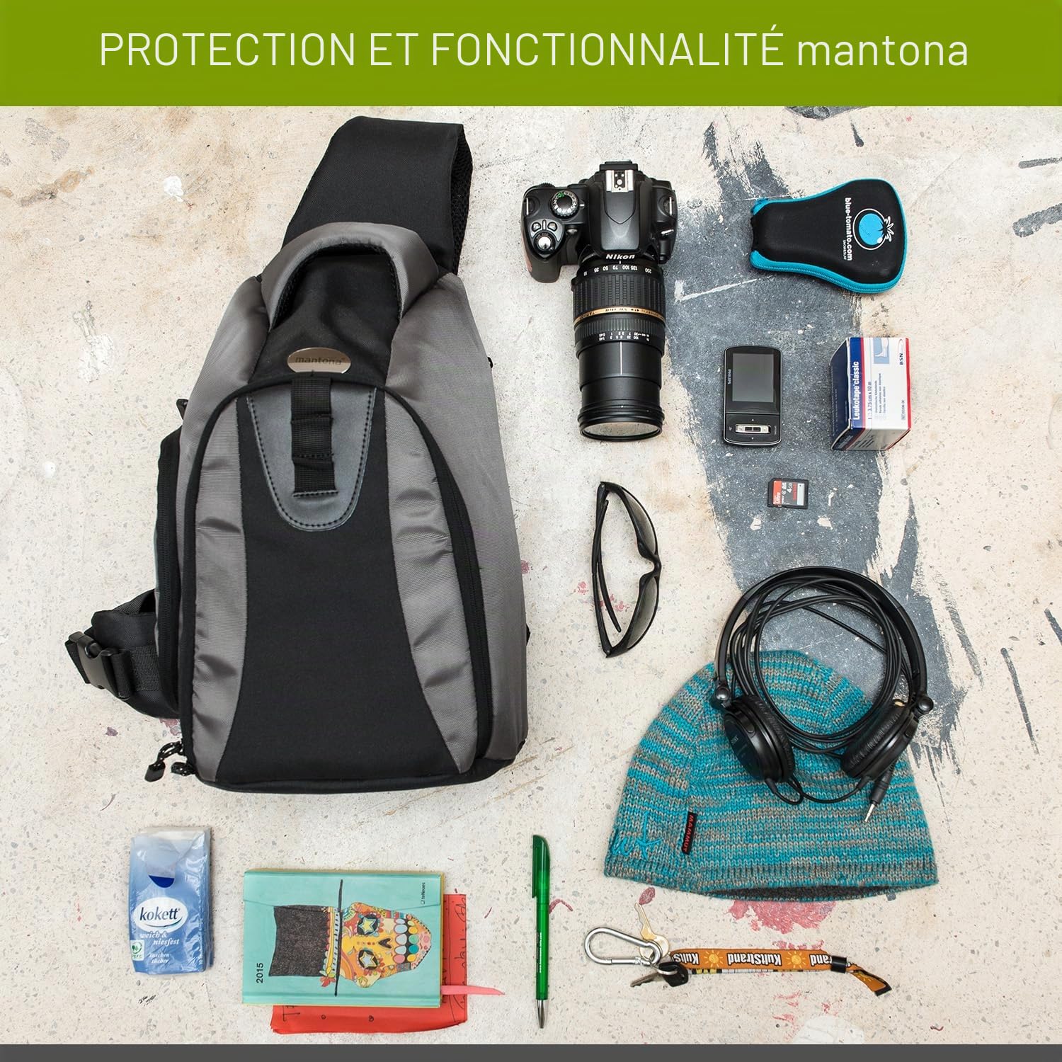 Mantona Sac à dos pour caméra DSLR Miami (accès rapide pour DSLR avec objectif monté, place pour plus d'objectifs ou accessoires, système de transport à sangle)