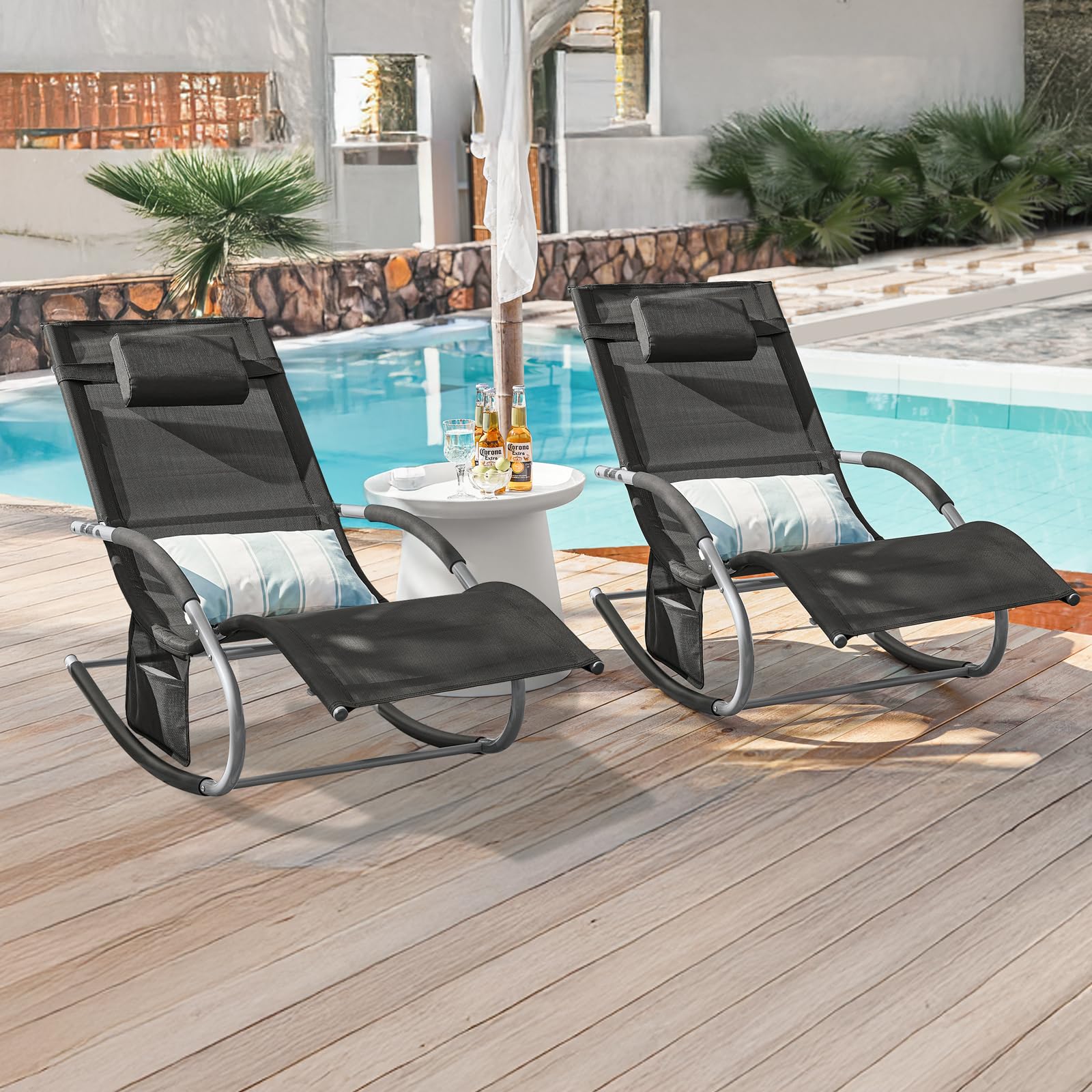 SoBuy Set de 2 Tumbonas de Jardín Reclinables – Sillas Ergonómicas de Exterior con Almohada y Bolsillos Laterales, Tejido Transpirable, 150 kg, para Playa, Terraza, Camping y Piscina OGS28-SCHx2
