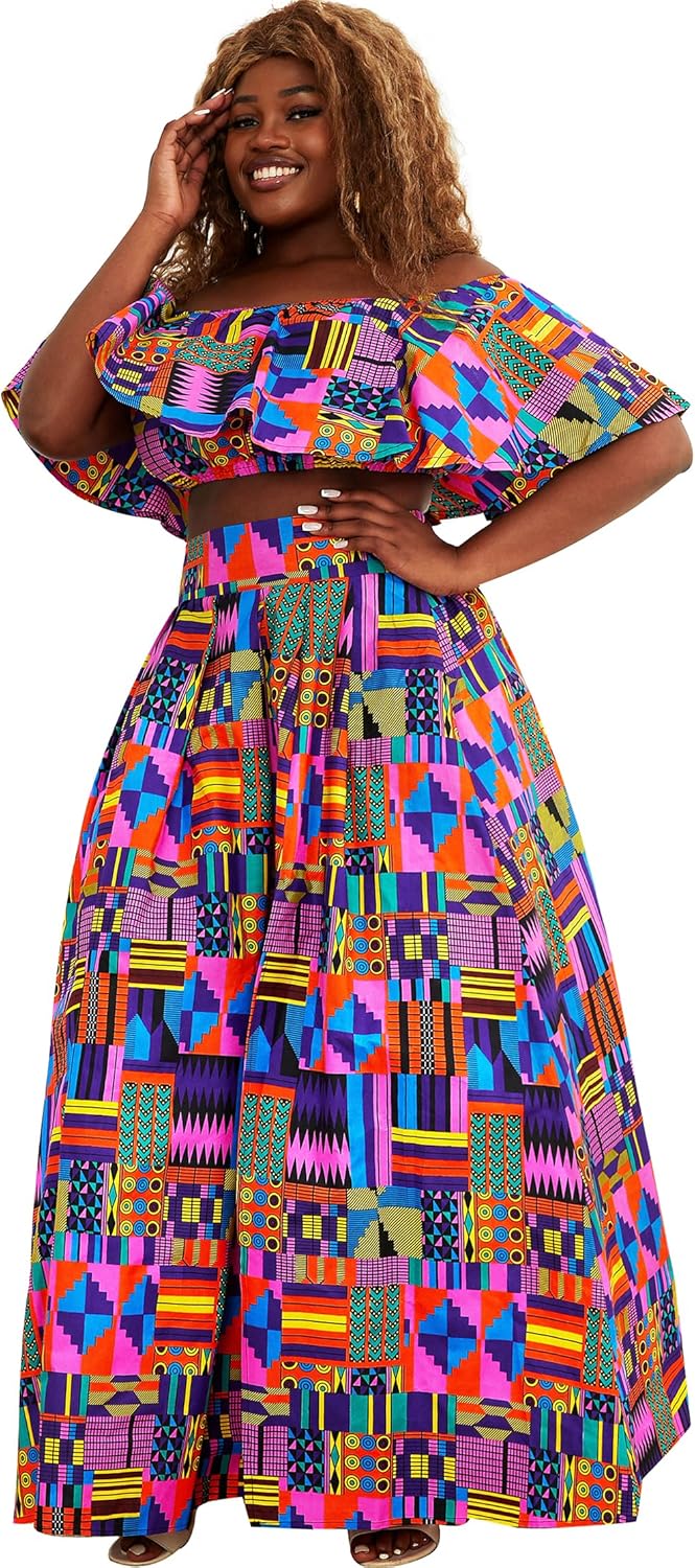 SHENBOLEN Womens African Print Skirt Top Set Tradition Clothing