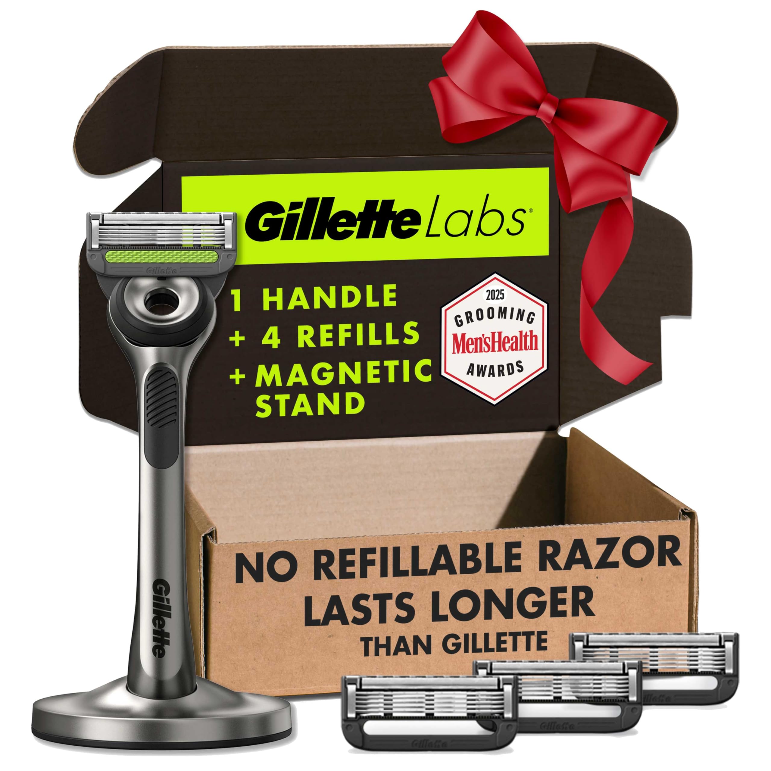 Gillette Mens Razor with Exfoliating Bar by GilletteLabs, Shaving Kit for Men, Includes 1 Handle, 4 Razor Blade Refills, 1 Premium Magnetic Stand