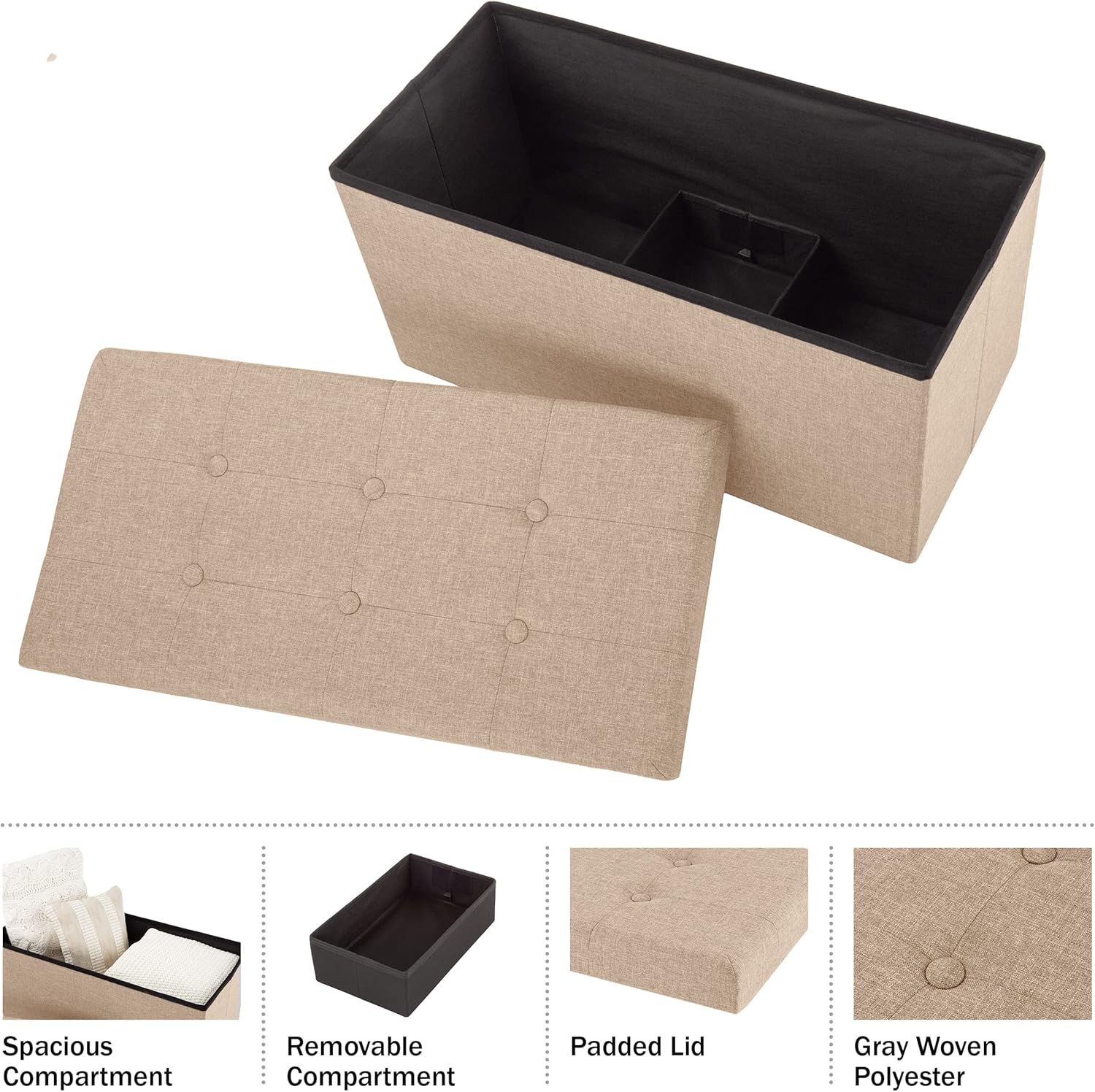 Lavish Home 30 Inch Collapsible Storage Ottoman Bench – Foldable Tufted Linen Bedroom Bench with Hidden Storage, Upholstered Footrest for End of Bed or Living Room (Beige)