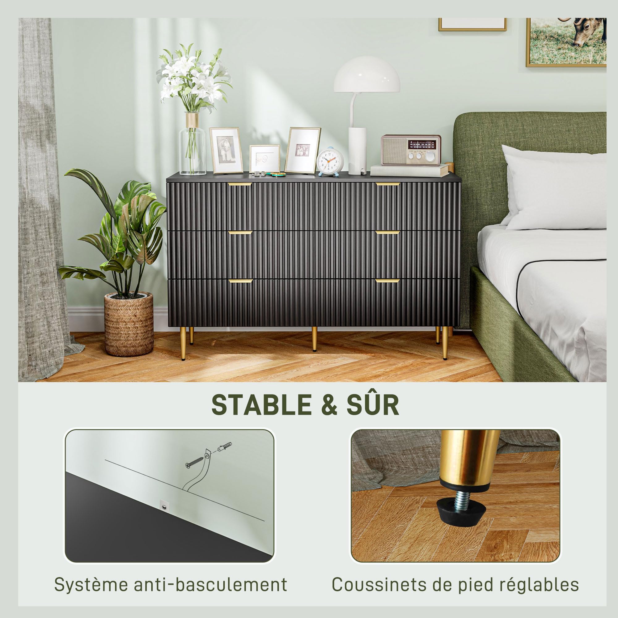 HOMCOM Commode 6 tiroirs Commode Chambre Meuble de Rangement Moderne avec poignées et Pieds dorés, pour Chambre à Coucher, Salon, dim. 120 x 40 x 76,5 cm, Noir