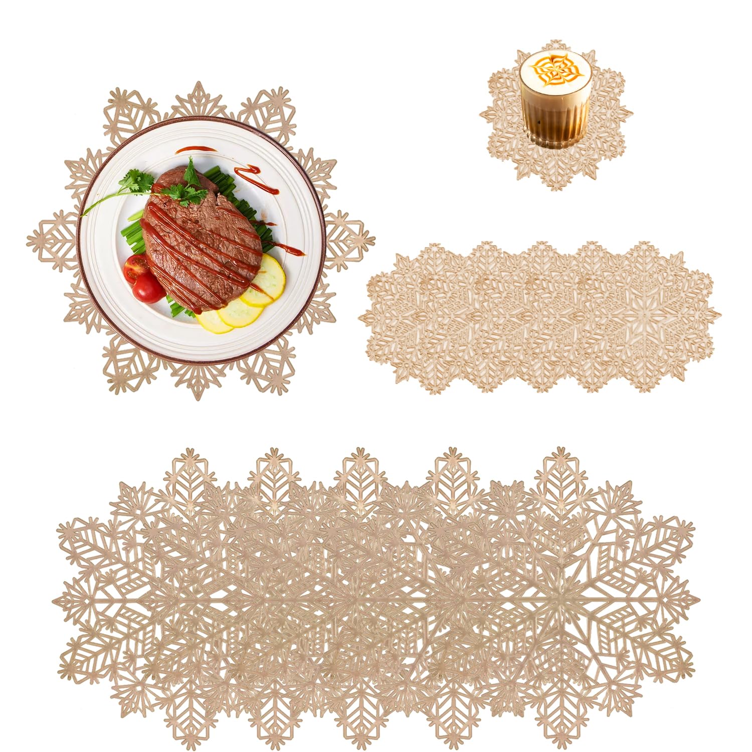 Norhogo 6 pcs SnowFlake Placemats and 6 pcs Coaster Sets, gold table mats, Christmas Snowflake Placemats
