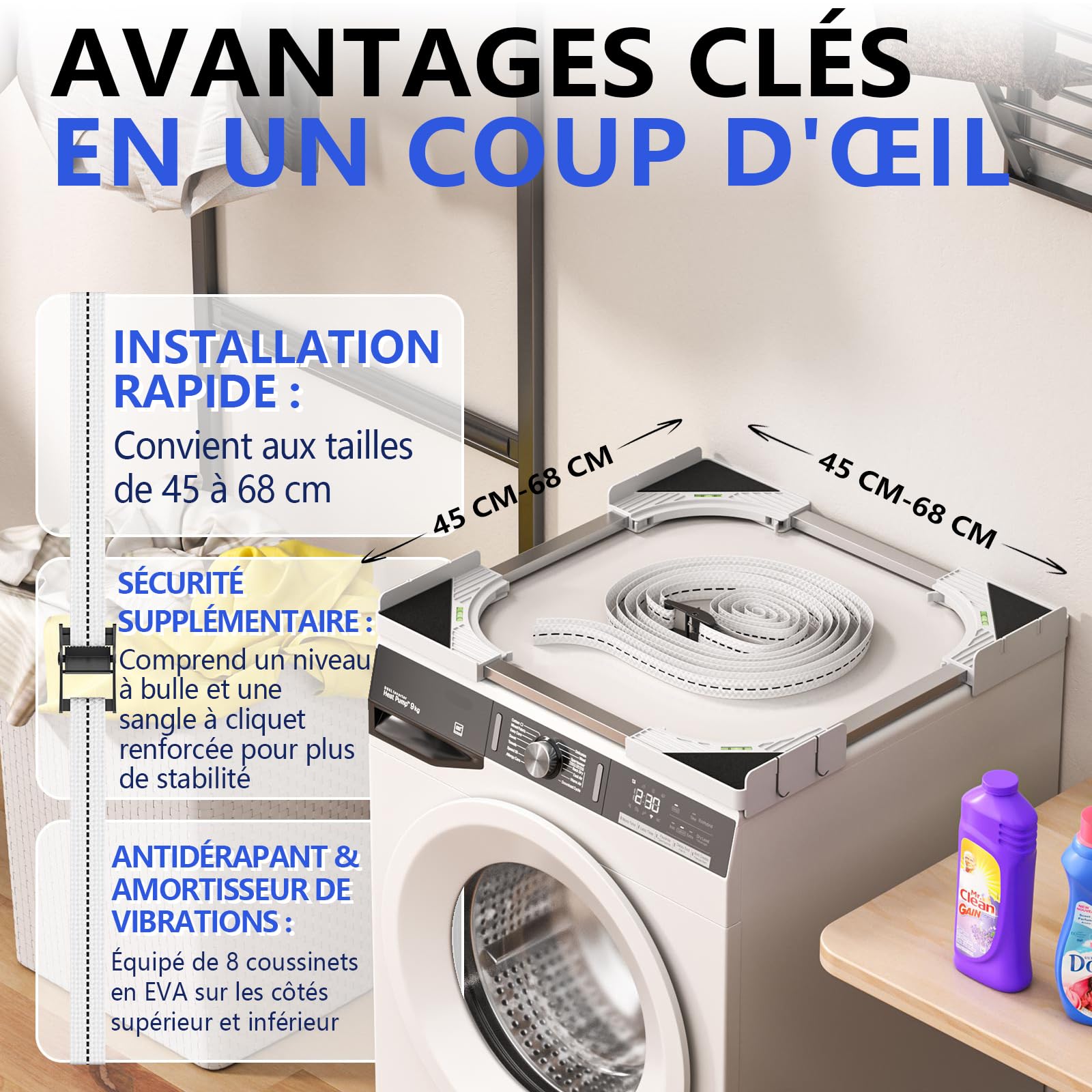 Slimline Kit d'empilage pour Lave-Linge et sèche-Linge, Cadre Universel Ultra Fin pour appareils de 45 à 68 cm, Design Peu encombrant avec Sangle à cliquet et 4 Crochets Multifonctions (Blanc)