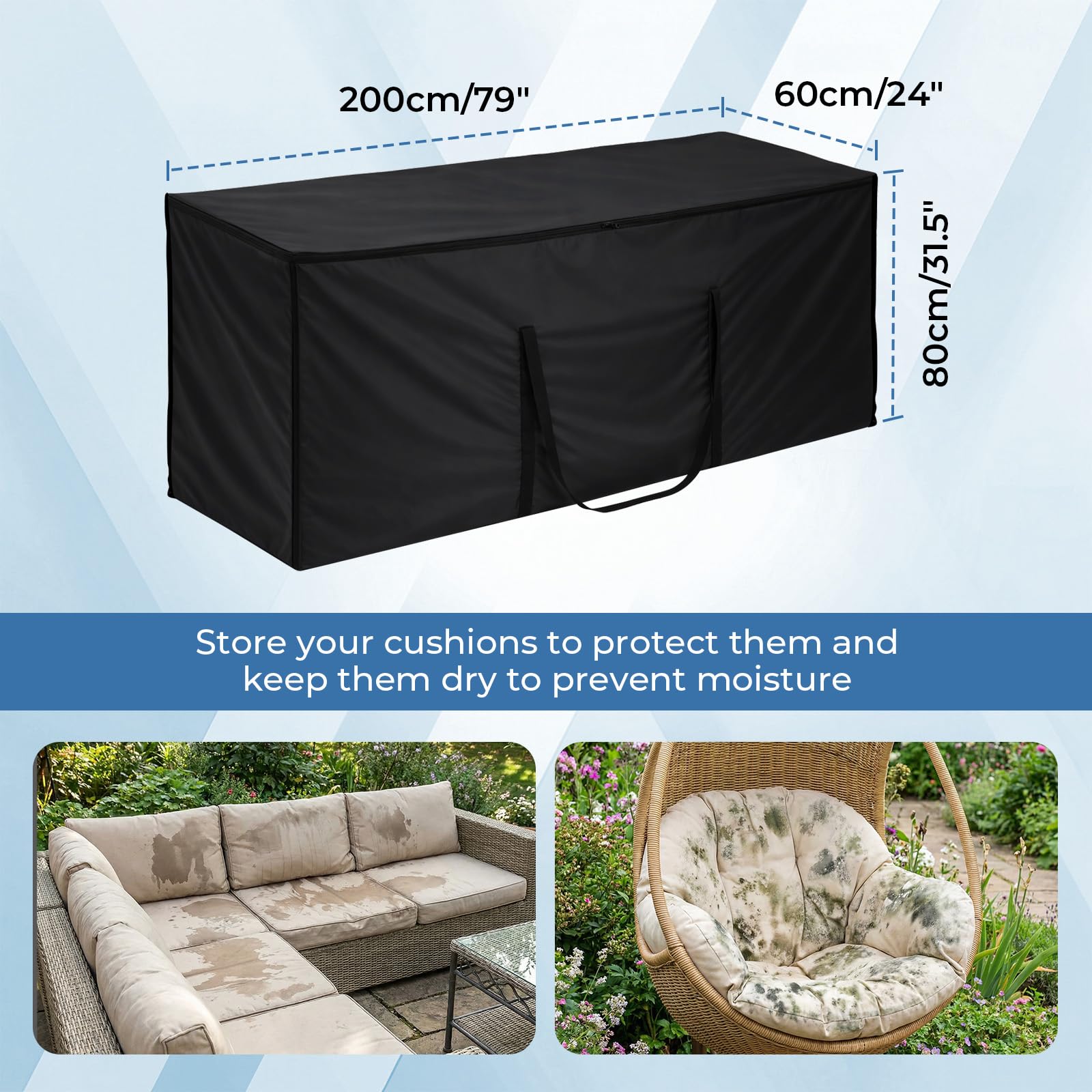 GARPROVM XXL Aufbewahrungstasche für Gartenpolster & Auflagen | Outdoor Gartenauflagen Aufbewahrungstasche Weiche Auflagentasche 420D Oxford Gewebe Wasserabweisend & Staubdicht | 200x60x80cm