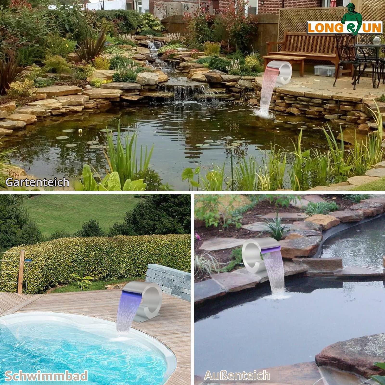 Longrun J -förmiger Wasserfall Spillway Edelstahl Swimmingpool Brunnen, RF & App Kontrollierte LED Licht Outdoor Teichwasserfälle Kit für Garten Terrasse Pool Koi Teiche Dekoration-34.5 cm Höhe