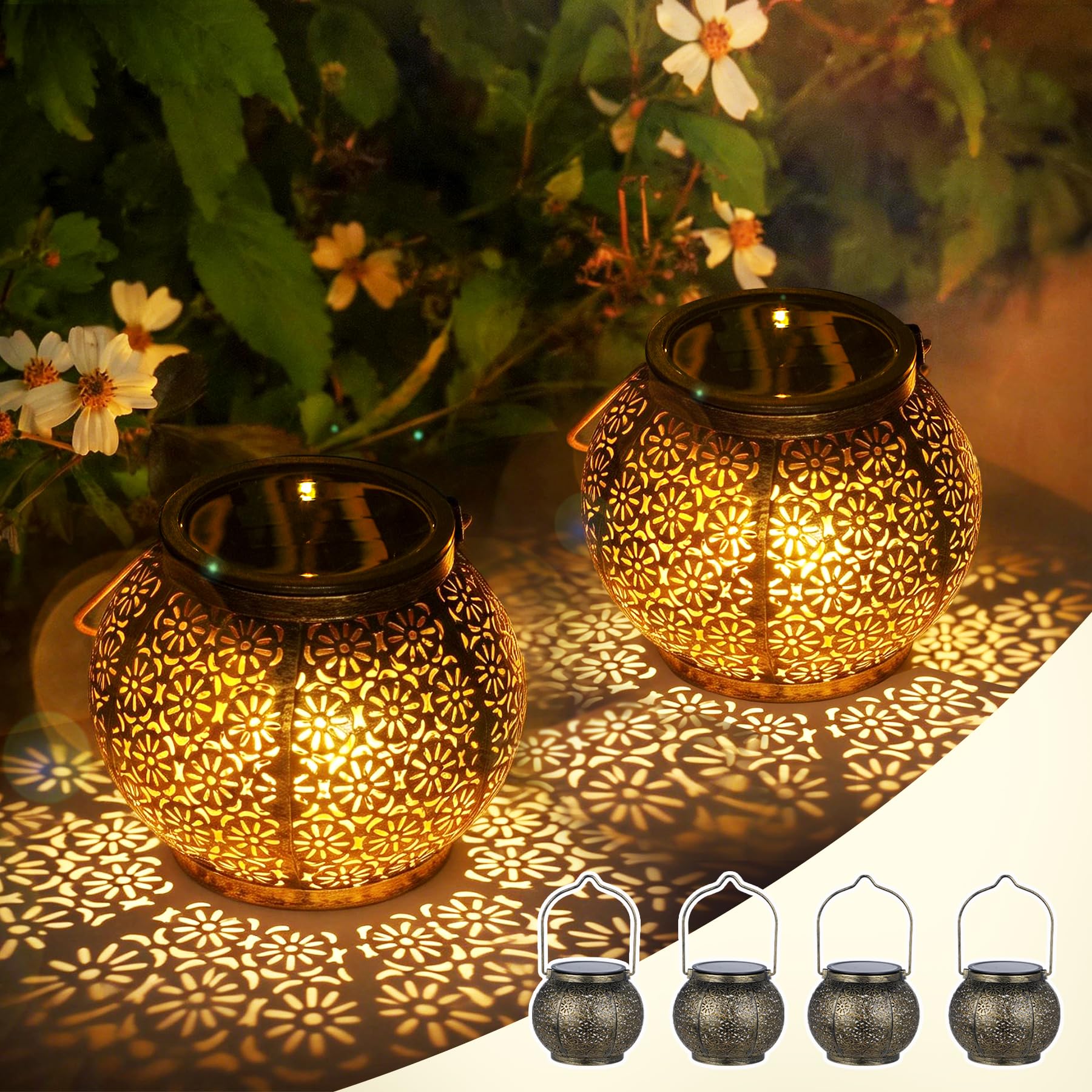 Görvitor 4 Stück Solarlampen für Außen Hängend, IP65 Wasserdicht Solarlaterne für Außen mit Blumenmuster, Metall Solar Laterne Outdoor für Draußen Garten Hof als Gartengeschenke Weihnachtsgeschenke
