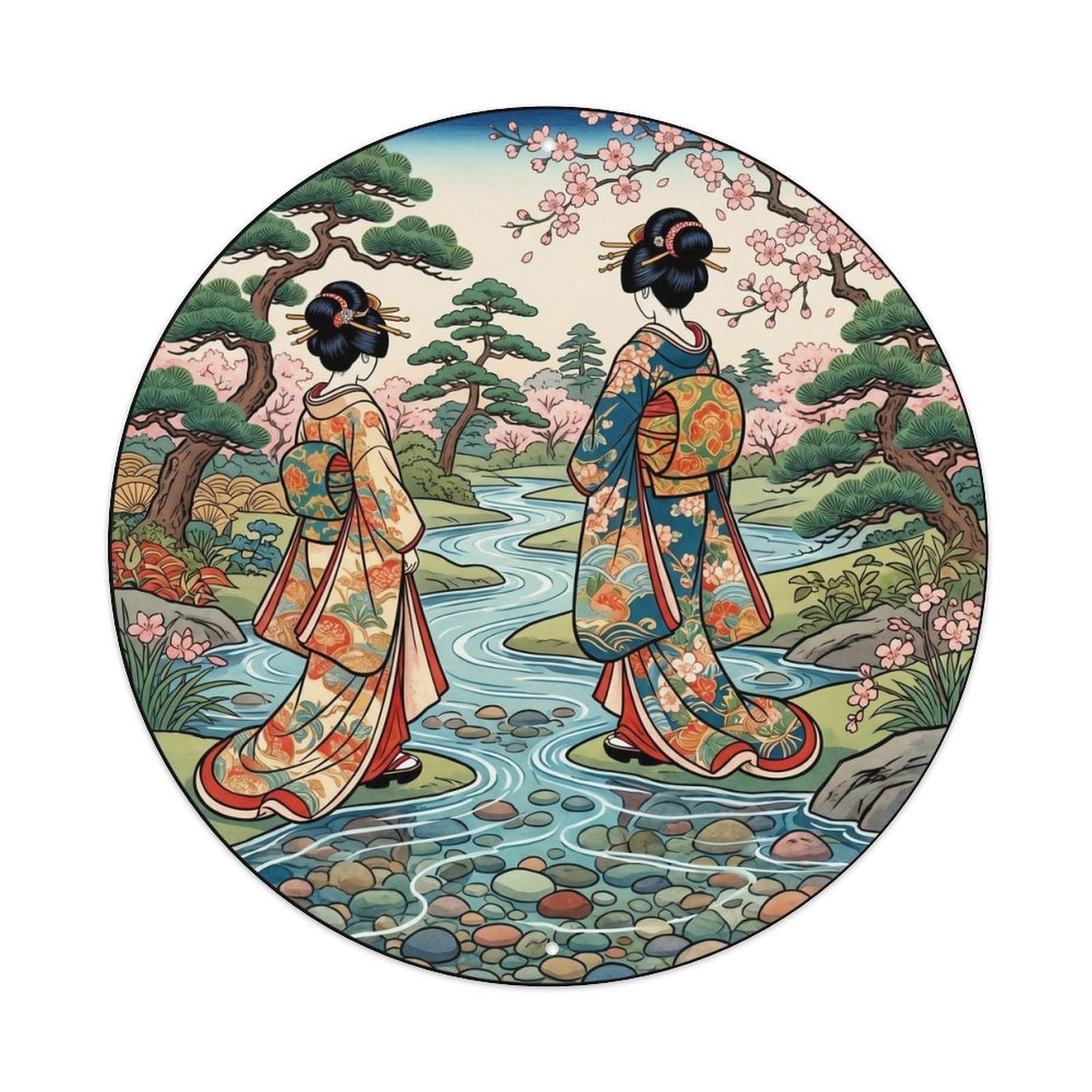 Tgrcjimh Style Metal Tin Sign Japanese Clear Stream Pebbles Geisha Scene