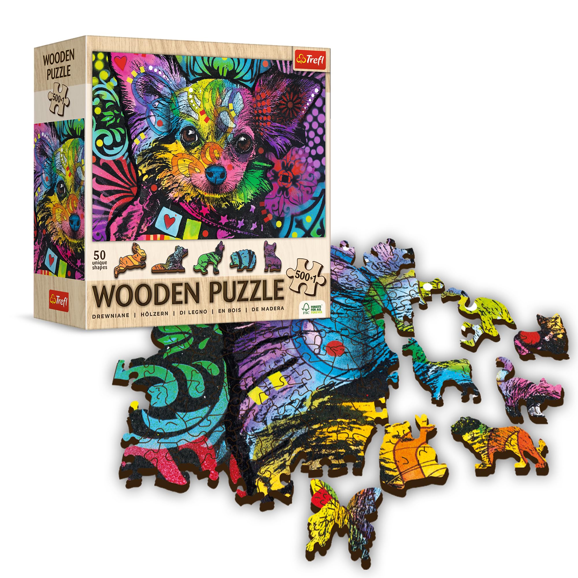 Trefl – Wooden Puzzle, Colorful Puppy – 500+1 Elements, Wood Craft, Irregular Shapes, 50 Animal Figures, Modern Premium Jigsaw Puzzle DIY for Adults and Children from 12 Years Old
