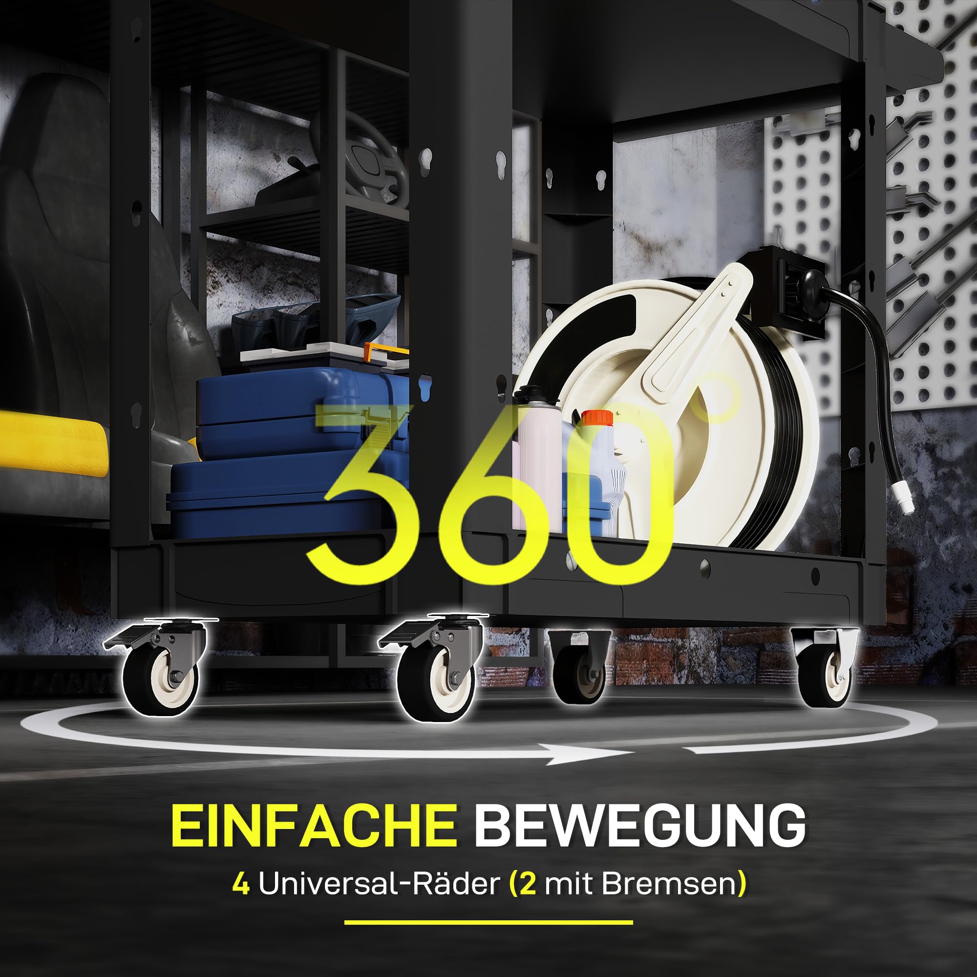HOMCOM Werkstatt-Rollwagen mit 2 Etagen, Werkstattwagen mit Hakenlöchern Seitengriff, Werkzeugwagen für Lagerhaus, Garage, max. 227 kg Belastbar, Schwarz