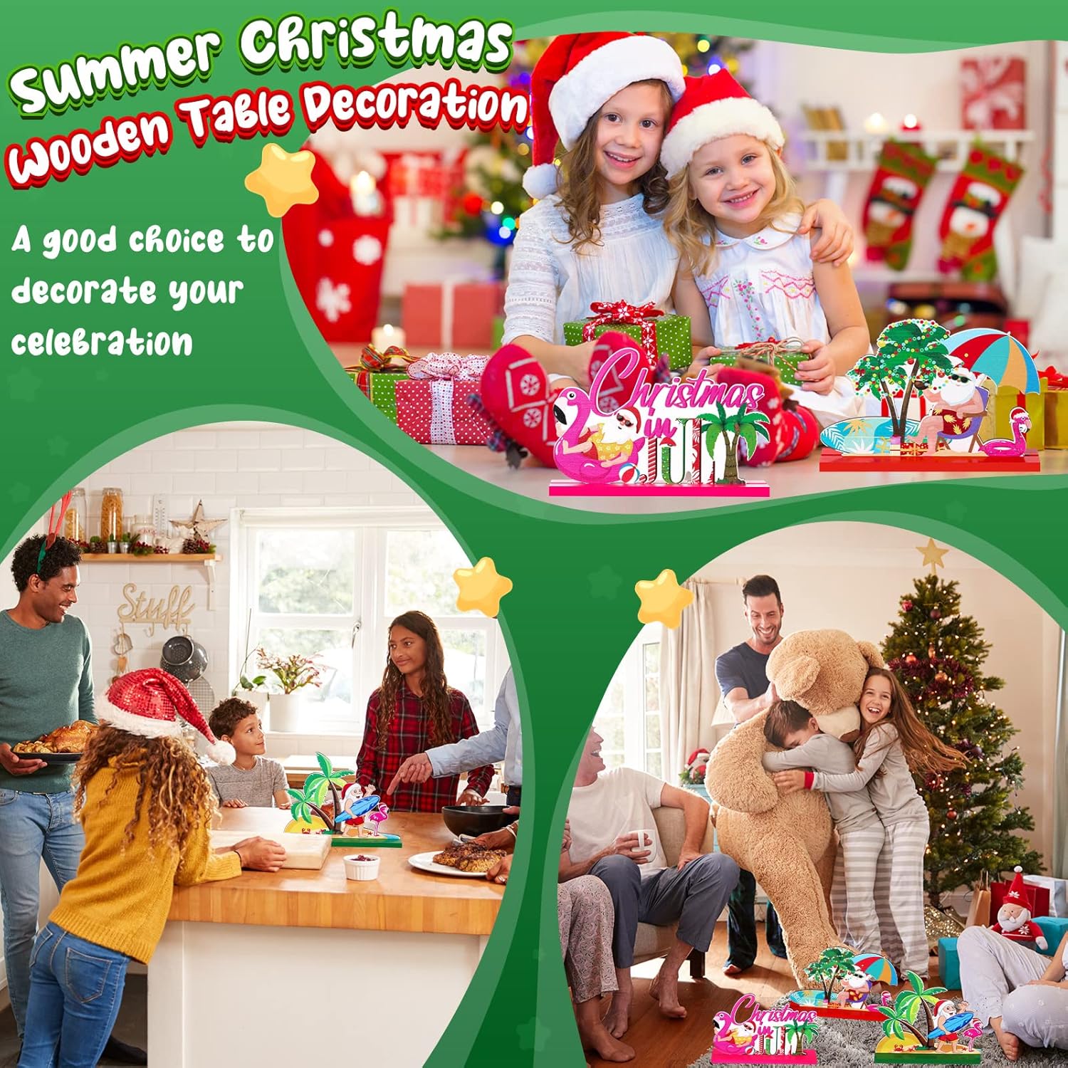 Geetery 3 Pcs Christmas in July Wooden Table Decoration July Summer Table Centerpieces Signs Santa Flamingo Palm Tree Theme Beach Party Decorations for Holiday Xmas Home Table Desktop Favors Supplies