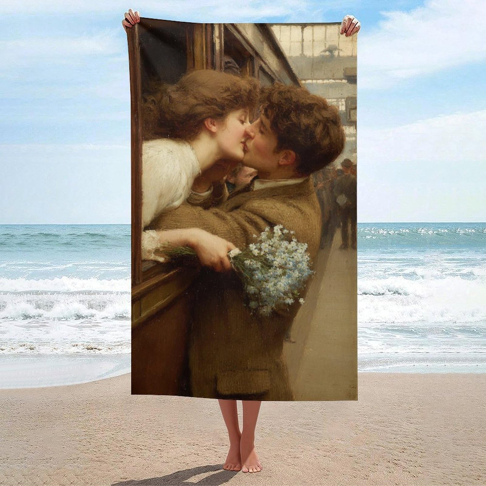 asbwuo Romantic Young Couple Kissing Rustic Railway Carriage Beach Towel