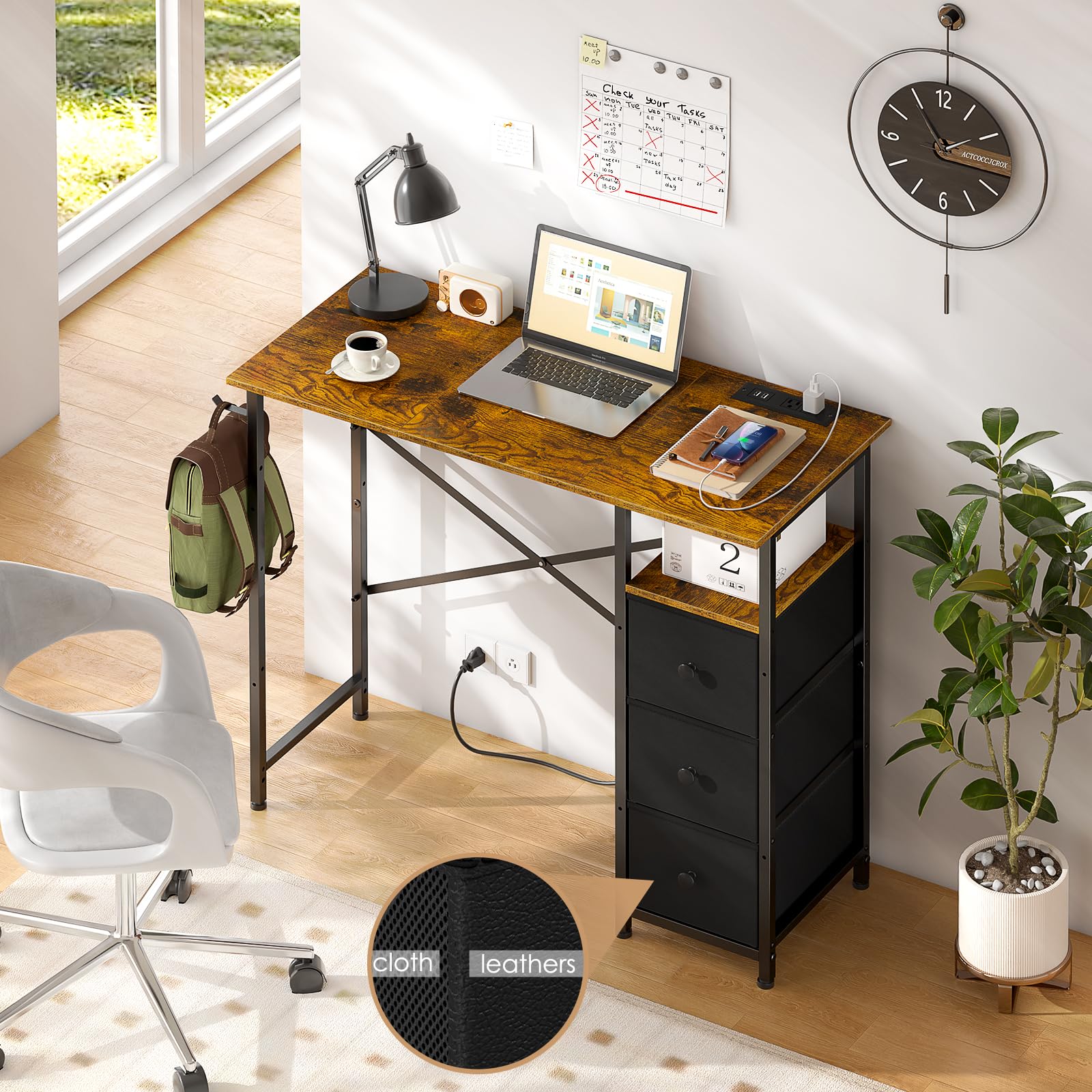 Amazon | 35.4インチ 小型コンピューターデスク 布製引き出し3個と電源