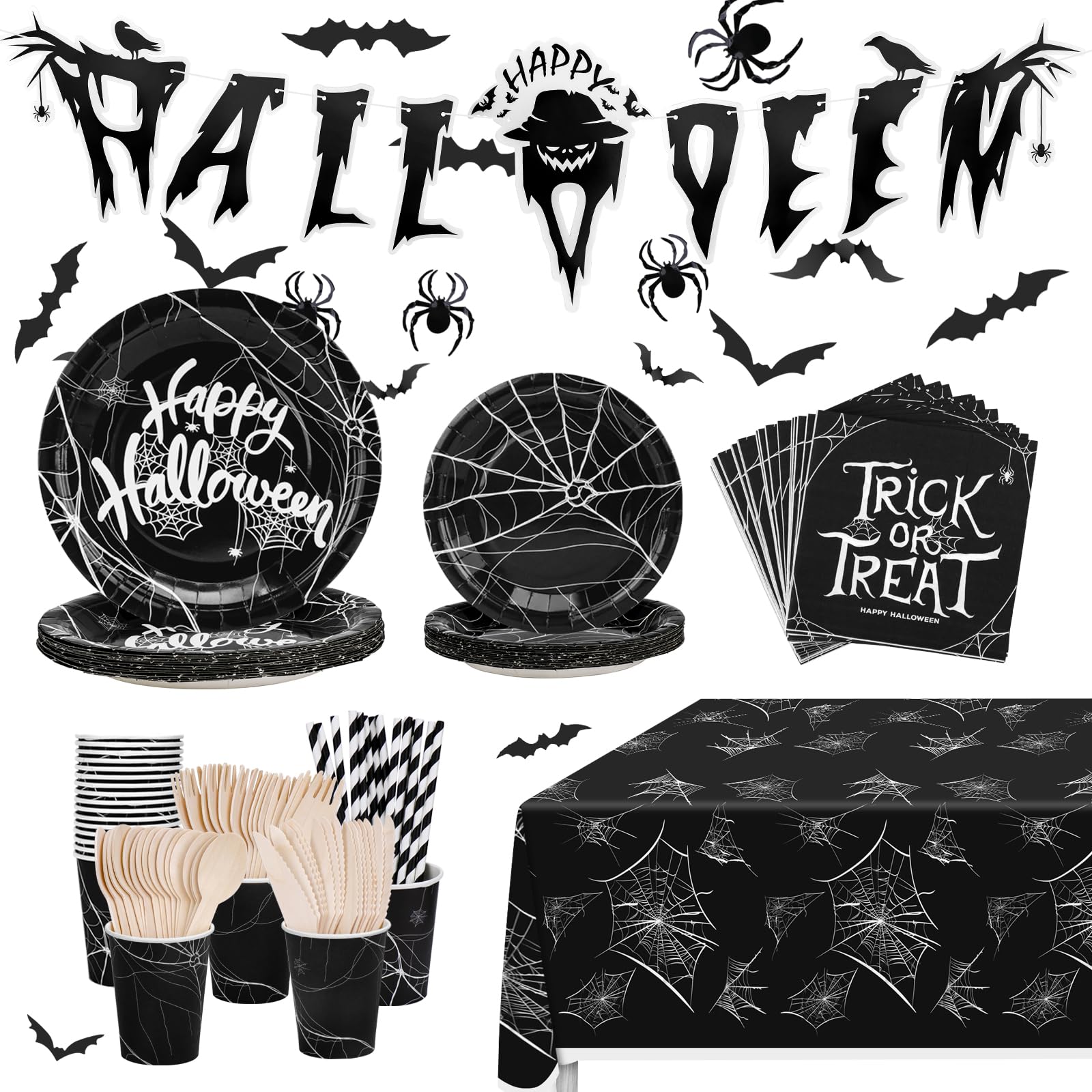 150PCS Halloween Party Dinnerware Set Hysagtek 16 Guest Spider Web Party Tableware Decoration Supplies - Halloween Paper Plates Napkins Cups Straws Tablecloth Stickers Banner for Halloween Party