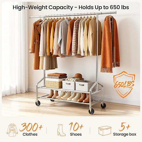 Miniatura 2 de Perchero de ropa resistente, perchero con ruedas para colgar ropa con 2 estantes resistentes con carga de 650 libras, perchero de metal con ruedas