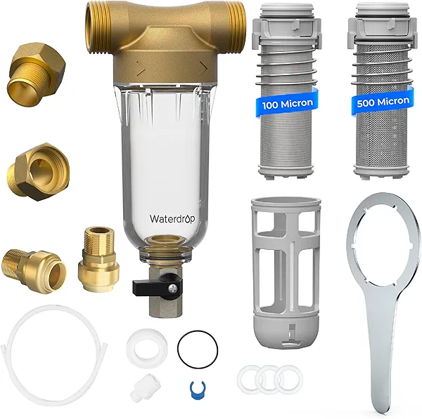Waterdrop Spin Down Sediment Filter, Backwash Whole House Water Filter System for City/Well Water, 100 Micron+500 Micron, 1" MNPT + 3/4" FNPT + 3/4" MNPT, Traps Sand, BPA Free