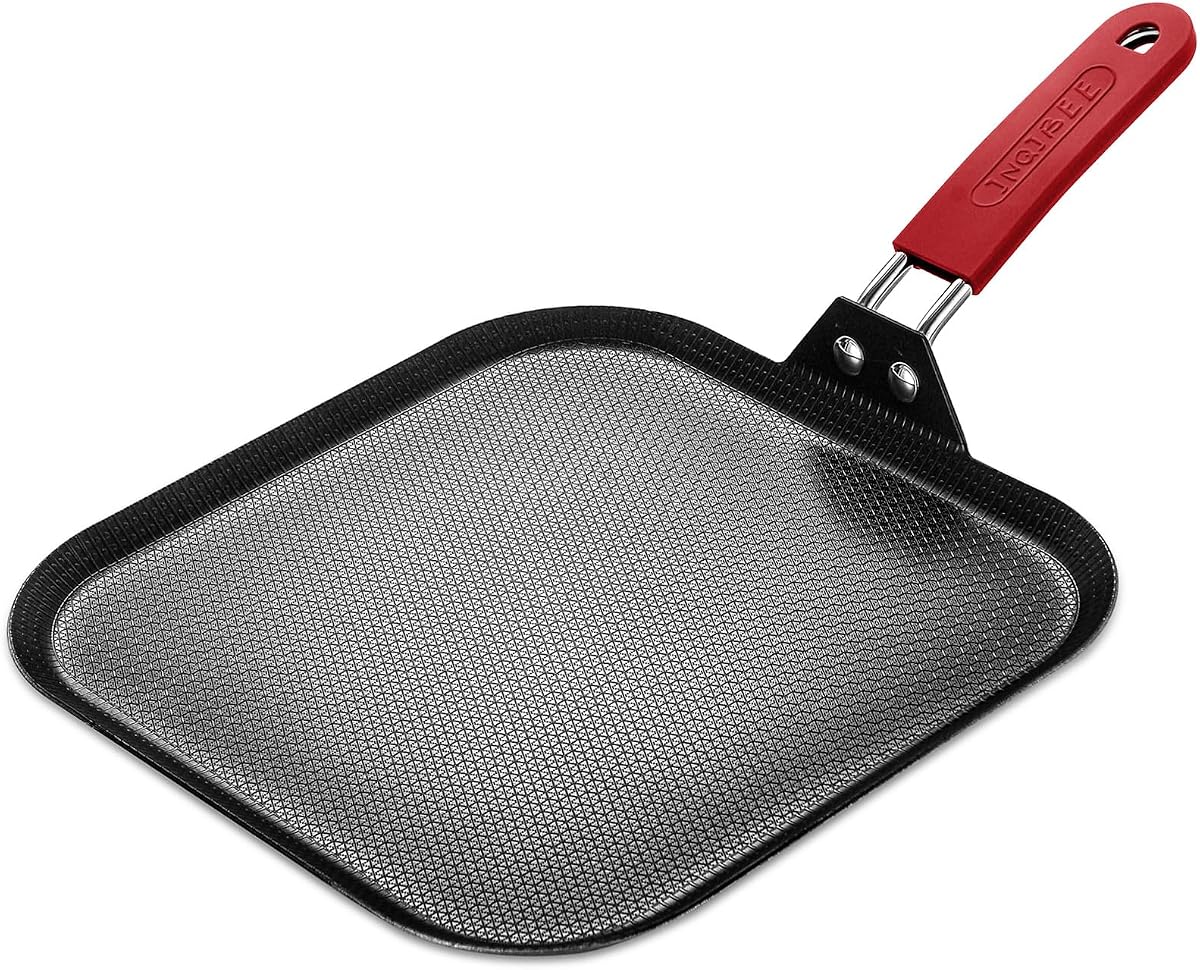 Inqibee 11 Inch Hybrid Ceramic Square Griddle Pan, Flat Square Skillet | Tri-Ply Stainless Steel Honeycomb Cookware, Induction Compatible, Removable Silicone Heat Resistant Handle Cover - Red