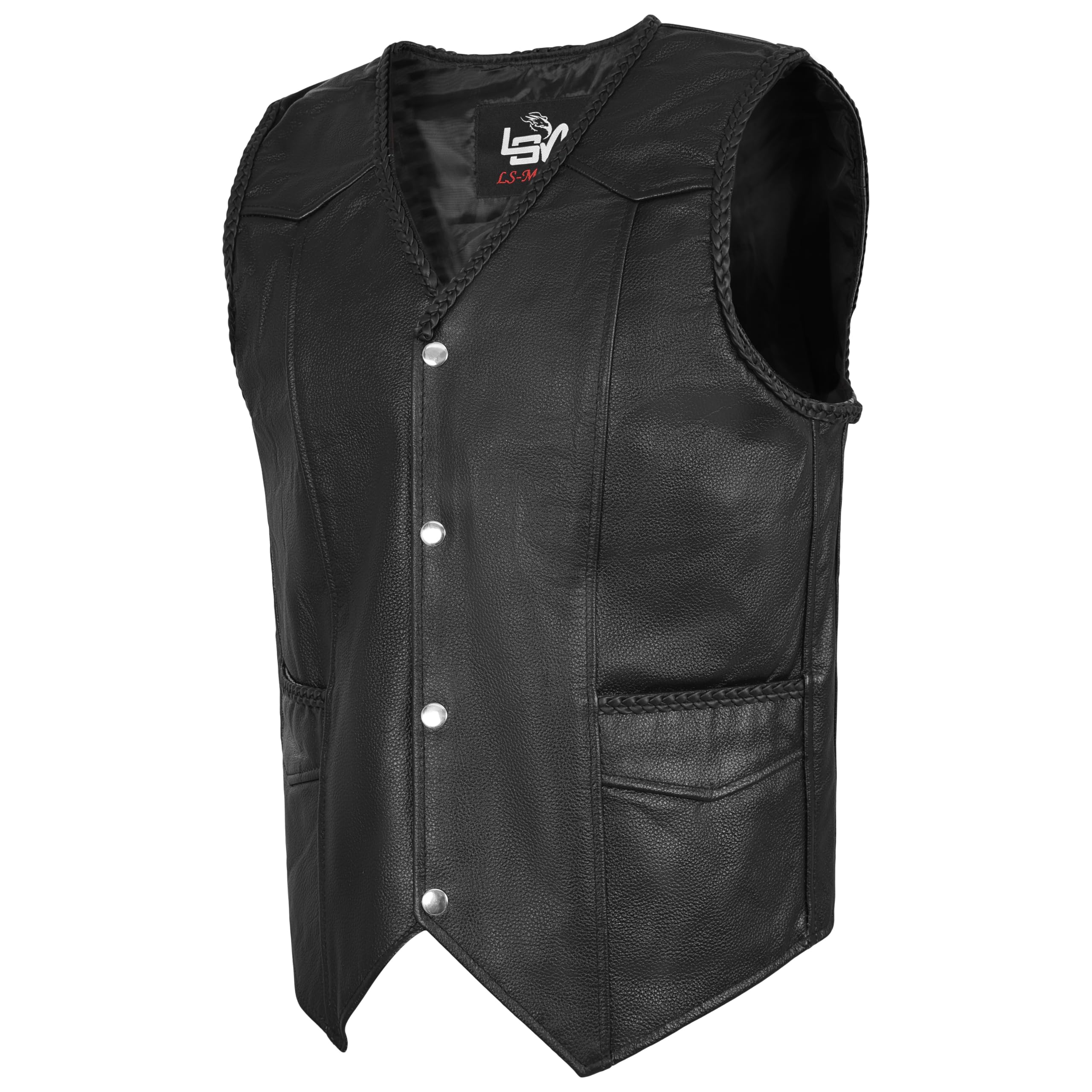 LSM Gilet da motociclista da uomo in vera pelle nera, con 4 bottoni frontali con due tasche, vestibilità aderente e nastro arcobaleno per attrezzatura da moto vintage, Nero , L