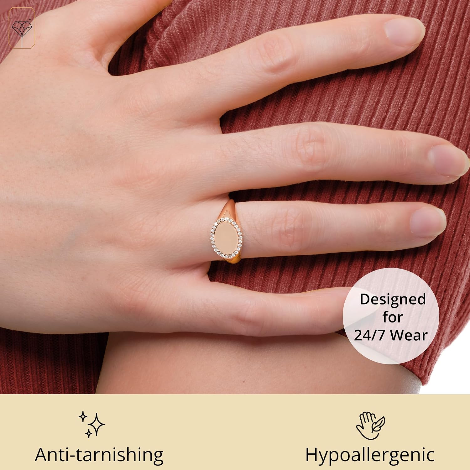 MAX + STONE Oval Vermeil Diamond Signet Ring for Women & Men | Lab Grown Diamond Ring in Sizes 6-8 | Hypoallergenic 18K Gold Plated Sterling Silver Ring