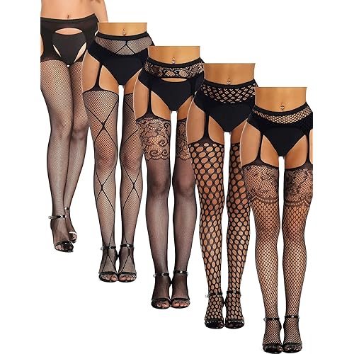 SOUTHRO 5 Pairs Fishnet Thigh High Garter Stockings Patterned Tights for Women,Garter Belt Set & Suspender Pantyhose for Girl