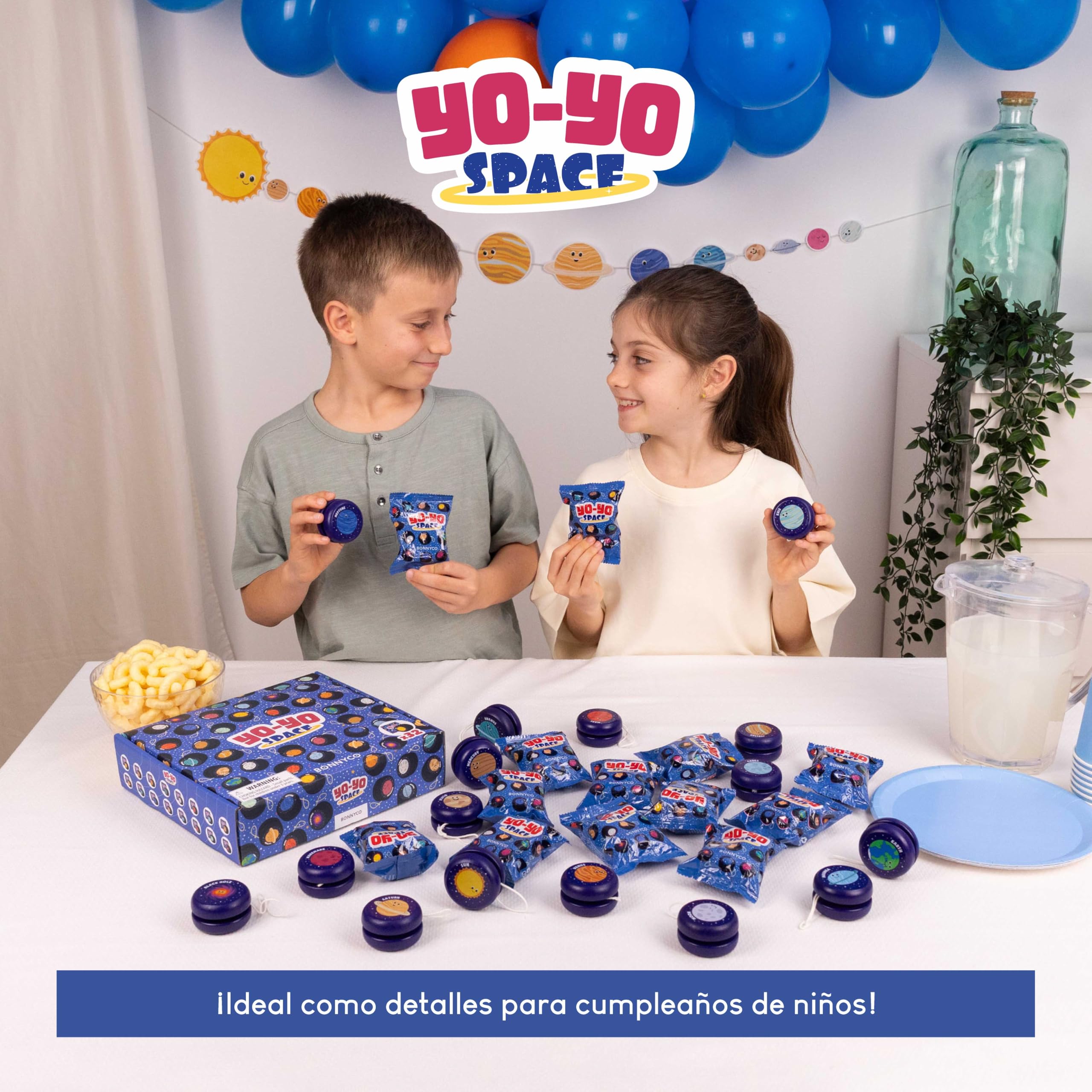 BONNYCO Yoyo Niños Galaxia Pack 32 Regalos Cumpleaños Niños Colegio. Yoyo Madera, Detalles Cumpleaños Infantil Espacio. Pack Yo Yo para Relleno Piñata, Regalos Alumnos Primaria, Regalitos Invitados