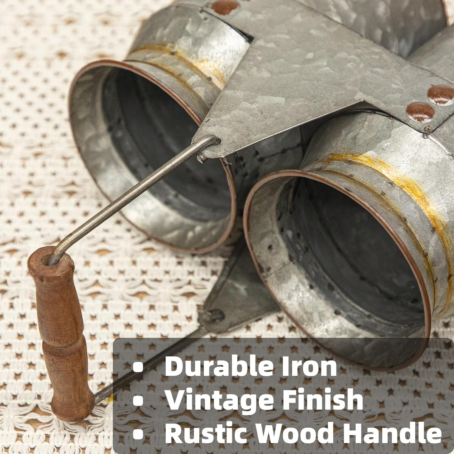 Set of 2 Rustic Galvanized Utensil Holders with Handles, Farmhouse Kitchen Crocks for Spoons, Forks & Knives, Countertop Organizer Buckets for Rustic Farmhouse Decor, 8"x4"x6.75"