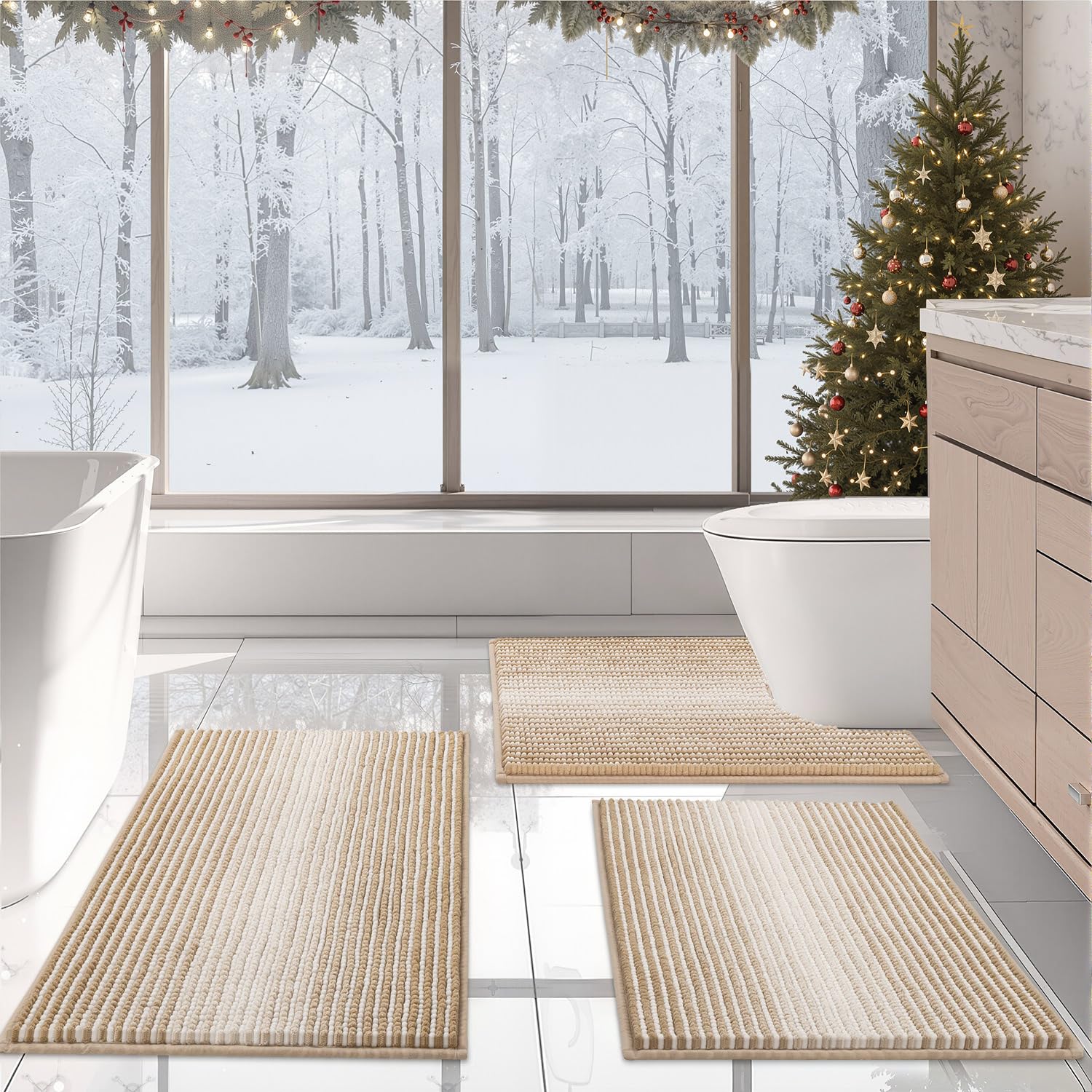 BSICPRO Bathroom Rugs Sets 3 Piece, Toilet Rugs U-Shaped Contour Bath Mat Set, Striped Absorbent Non Slip Chenille Shower Mat, Beige