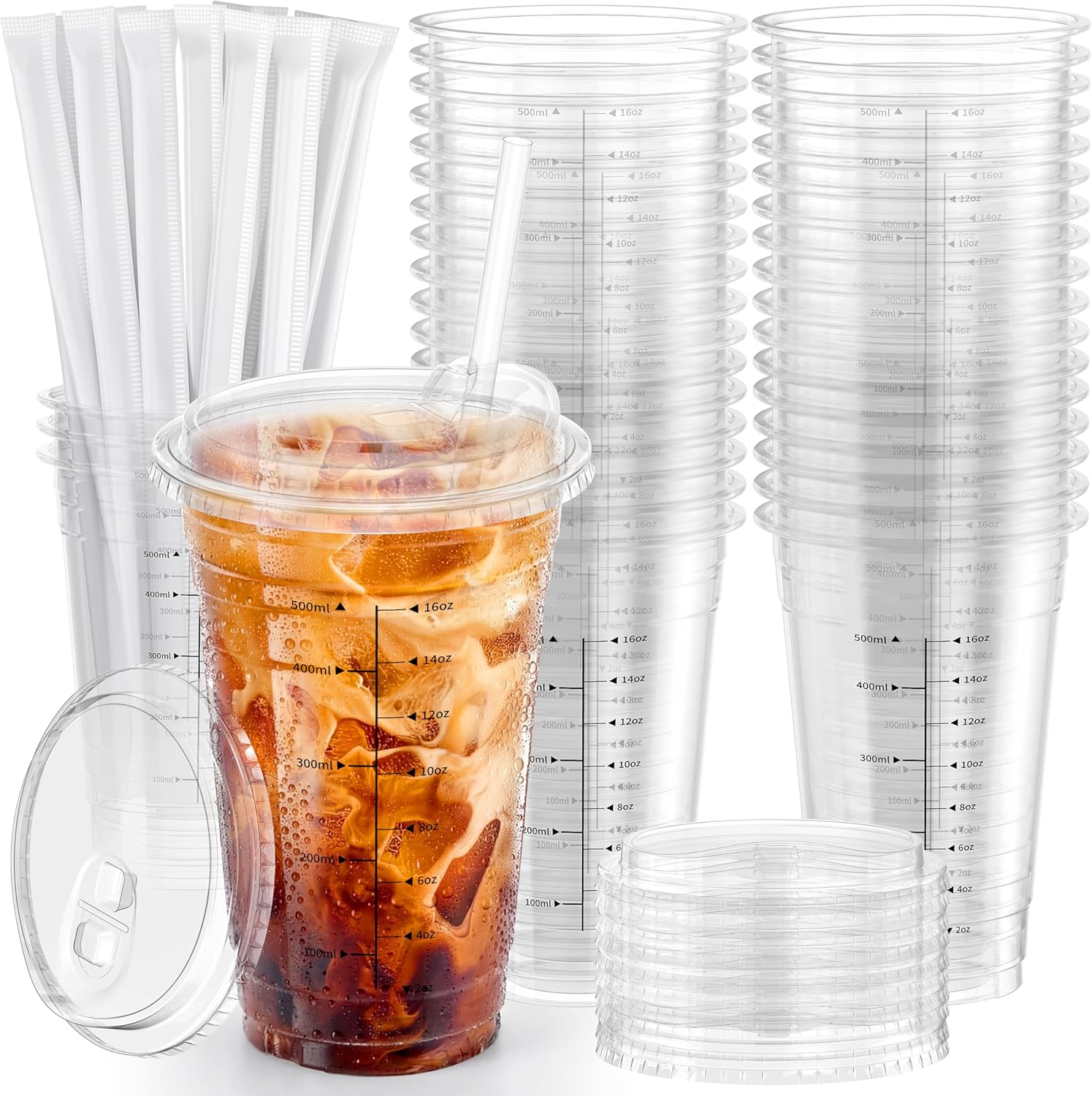 102 Pack - 20 oz Ratio Lines Iced Coffee Cups with Lids & Straws – No Guessing for Consistent Drinks, Disposable Clear Plastic Cups with Lids and Straws for Coffee, Smoothies, Juice, Parties Food Safe