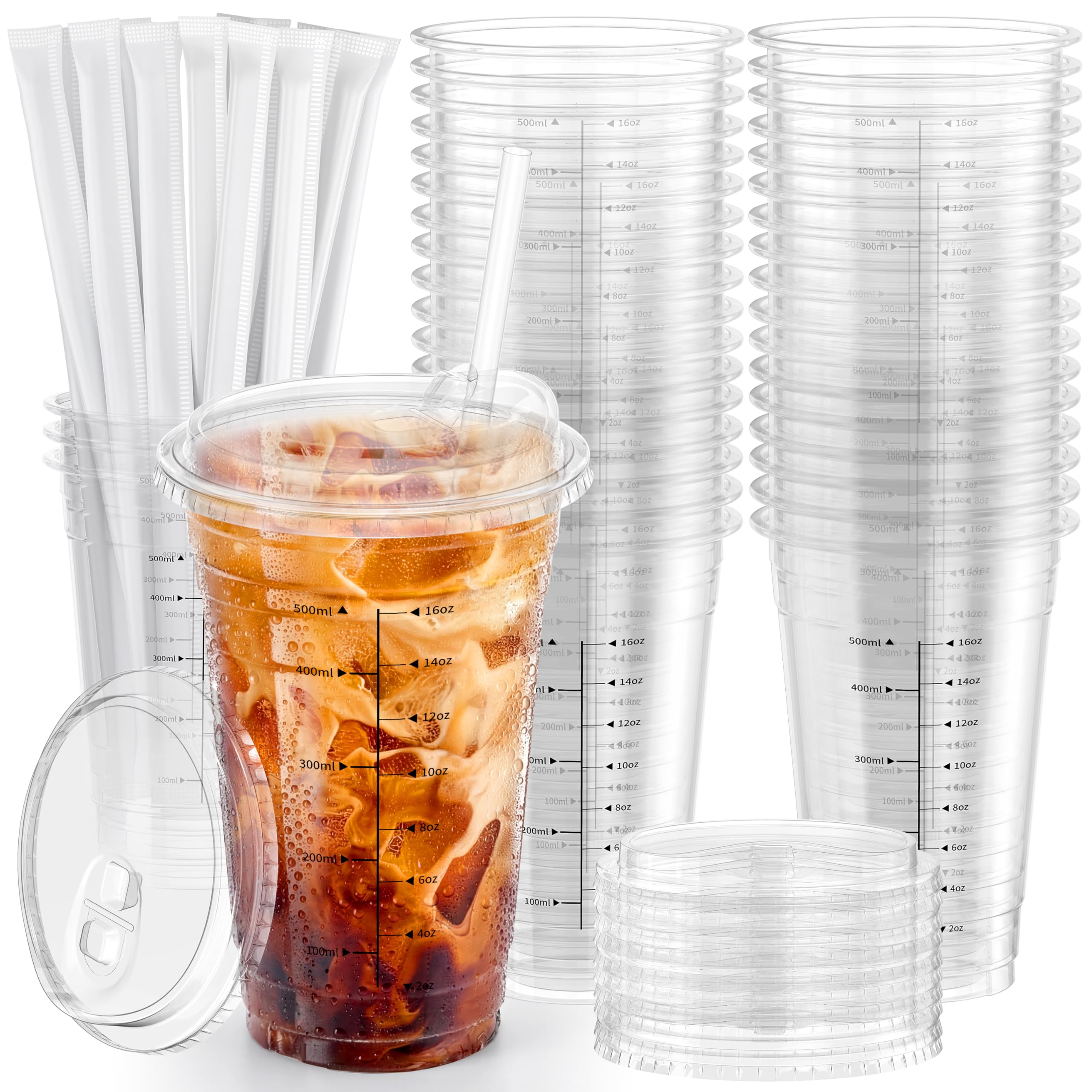 View 1 of 102 Pack - 20 oz Ratio Lines Iced Coffee Cups with Lids & Straws – No Guessing for Consistent Drinks, Disposable Clear Plastic Cups with Lids and Straws for Coffee, Smoothies, Juice, Parties Food Safe