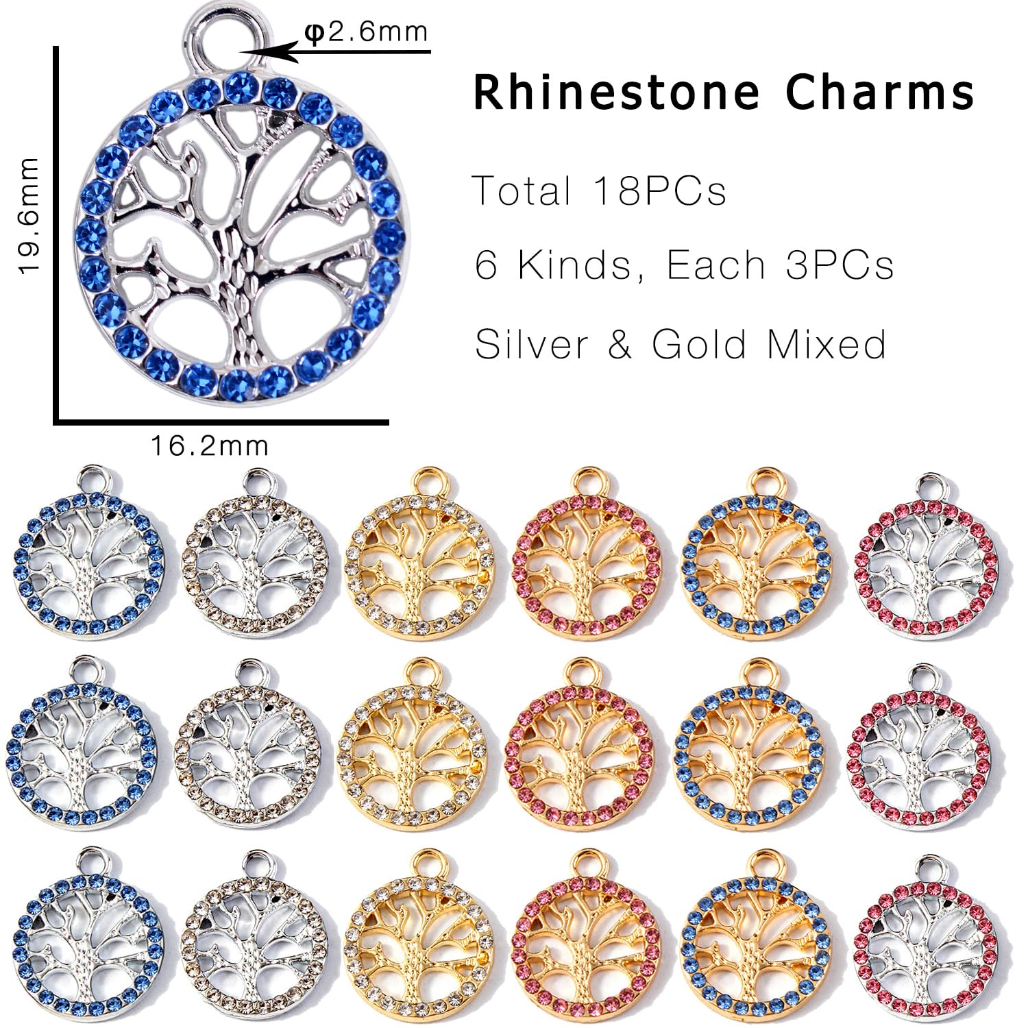 stino Mixed Color Rhinestone Charms for Jewelry Making, Silver & Gold Metal Charms for Earrings, Bracelets & Necklaces (Tree of Life Mixed Color)