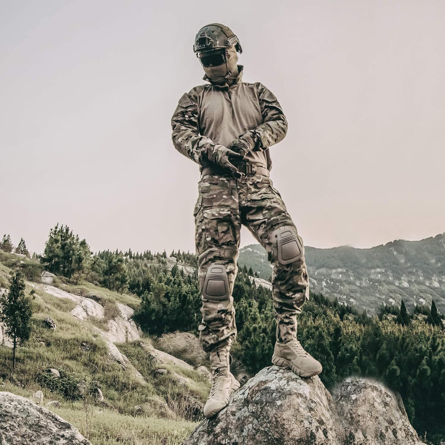YEVHEV Taktischer Anzug für Herren, Hemd und Hose mit Knieschützern und Ellbogenschützern, für Outdoor-Aktivitäten, ohne Gürtel