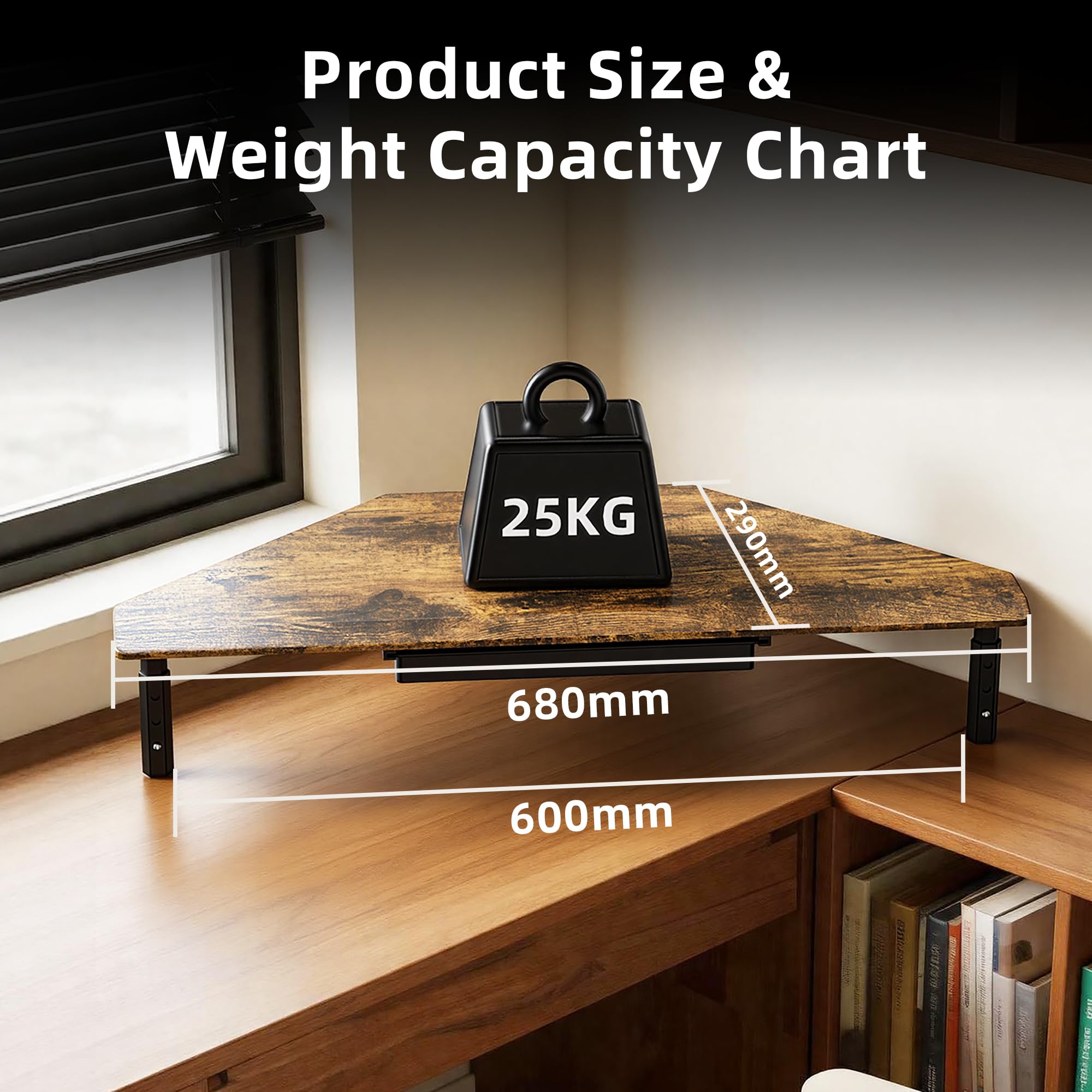 ETHU Soporte triangular para monitor con cajón, elevador de esquina de altura ajustable para PC/portátil, soporte ergonómico para computadora de escritorio, soporta 20 kg, nogal
