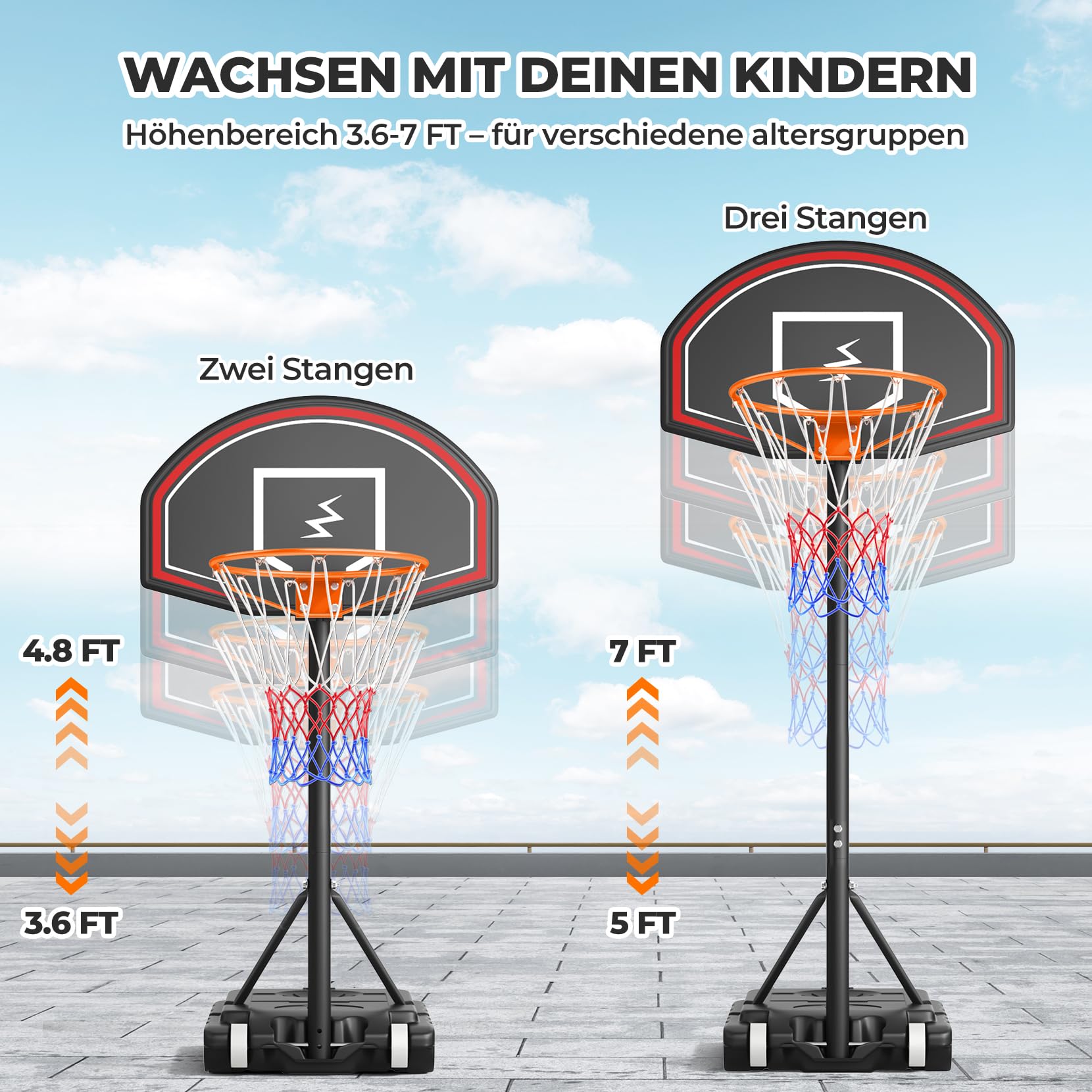 YOLEO Basketballkorb Outdoor für Kinder, 110-210cm höhenverstellbar, transportabler Basketballständer mit Rollen