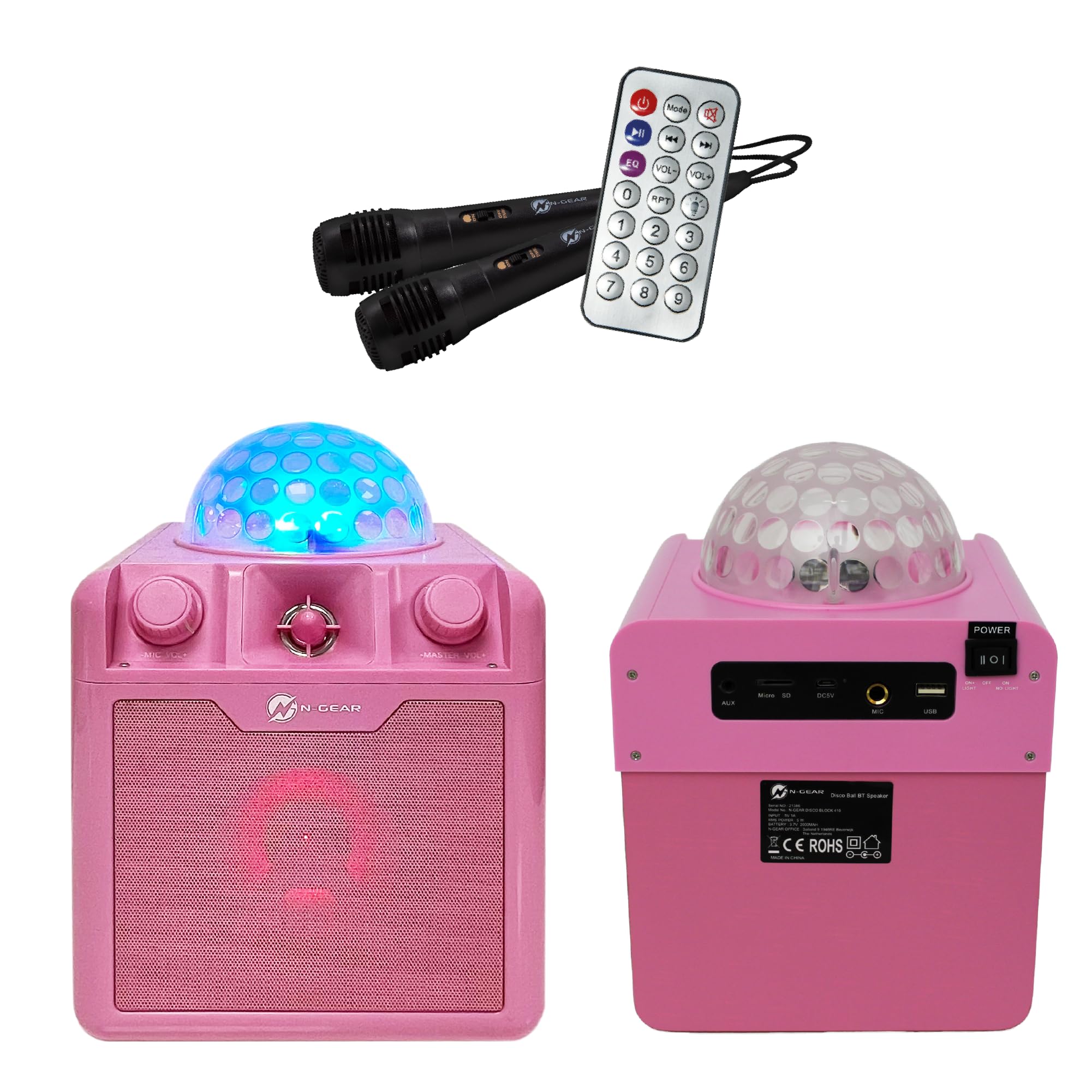 N-Gear Discoblock 410 mobiler Party Disco Musik Karaoke Maschine mit Discokugel Kinder - Disco Licht, 50 Watt Bluetooth Lautsprecher & Mikrofon Karaoke in einem, Rosa