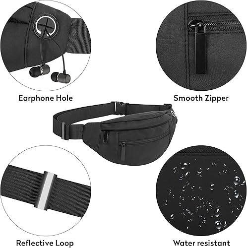 Miniatura 3 de Riñonera grande con 4 bolsillos con cremallera, para mujer y hombre, con correa ajustable para viajes, correr, senderismo, 4-Cremallera Negro, Large