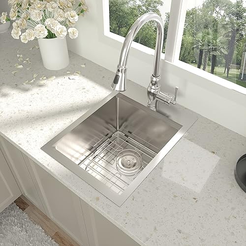 Miniatura 9 de Fregadero de barra de 15 pulgadas, fregadero de cocina de 15 x 20 pulgadas, acero inoxidable de montaje superior, calibre 16, 10 pulgadas de